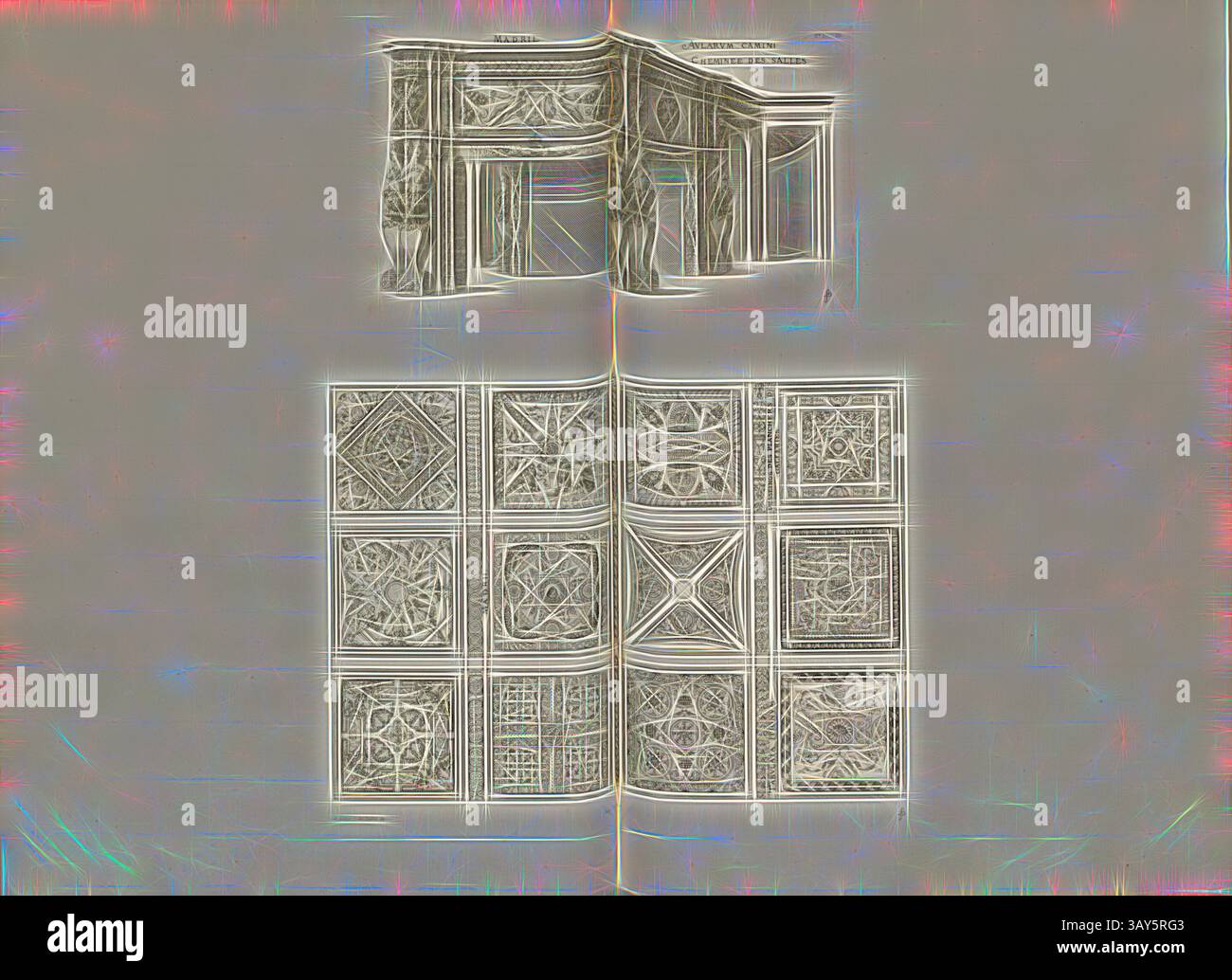 Ein kompliziertes architektonisches Design mit detaillierten Mustern und Motiven zeigt eine Vielzahl von geometrischen Formen und künstlerischen Aufblühungen. Die Anordnung umfasst sowohl eine dekorative Platte als auch eine Reihe kleinerer, verzierter quadratischer Designs, die Handwerkskunst und ästhetische Präzision hervorheben., Madril. Kaminhallen, Kamin im Château de Madrid in Bois de Boulogne in Paris, signiert: FD; Imp. Lemercier; A. Levy, Abb. 20, T. 1. 19., Cerceau, Jacques Androuet du (del.); Faure-Dujarric, Pierre-Lucien (sc.); Imprimerie Lemercier (Imp.); Levy, A. (Hrsg.), 1868, Jacques Androuet du Cerceau Stockfoto