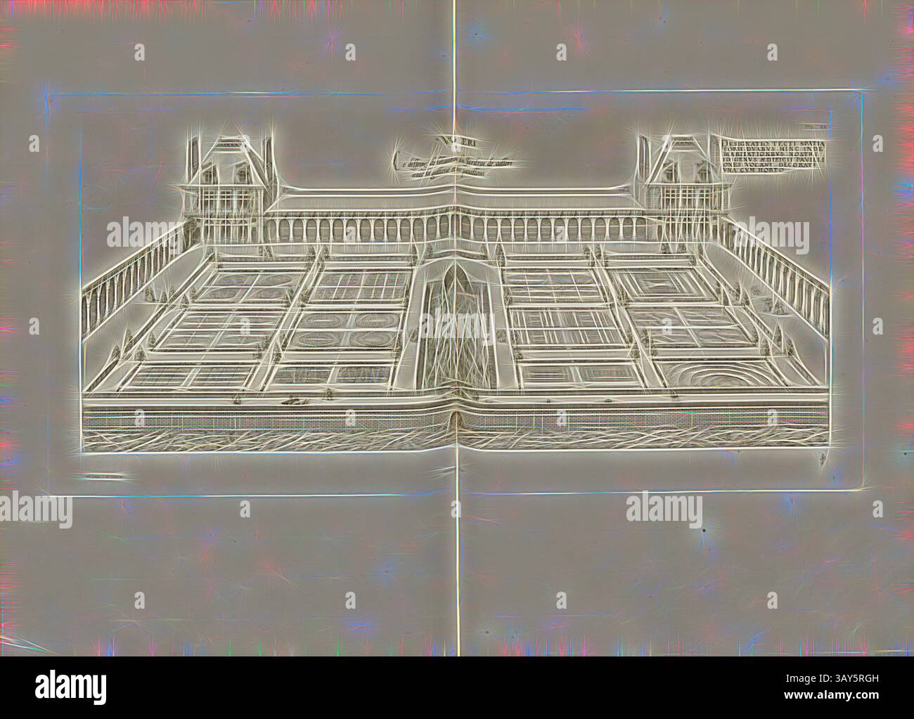 Eine stilisierte architektonische Darstellung eines großen Sportkomplexes mit mehreren Plätzen und Feldern, umgeben von eleganten Strukturen, mit einem einzigartigen Layout und Designelementen., Valleri. Der Entwurf der Erhebung des Jardin de Valleri mit der Galerie und den Pavillons, Garten des Château de Vallery in Frankreich, signiert: FD; Imp. Lemercier; A. Levy, Abb. 46, T. 1. 44., Cerceau, Jacques Androuet du (del.); Faure-Dujarric, Pierre-Lucien (sc.); Imprimerie Lemercier (Imp.); Levy, A. (Hrsg.), 1868, Jacques Androuet du Cerceau; Hippolyte A. Destailleur: Les plus Excellents Bastiments de France Stockfoto