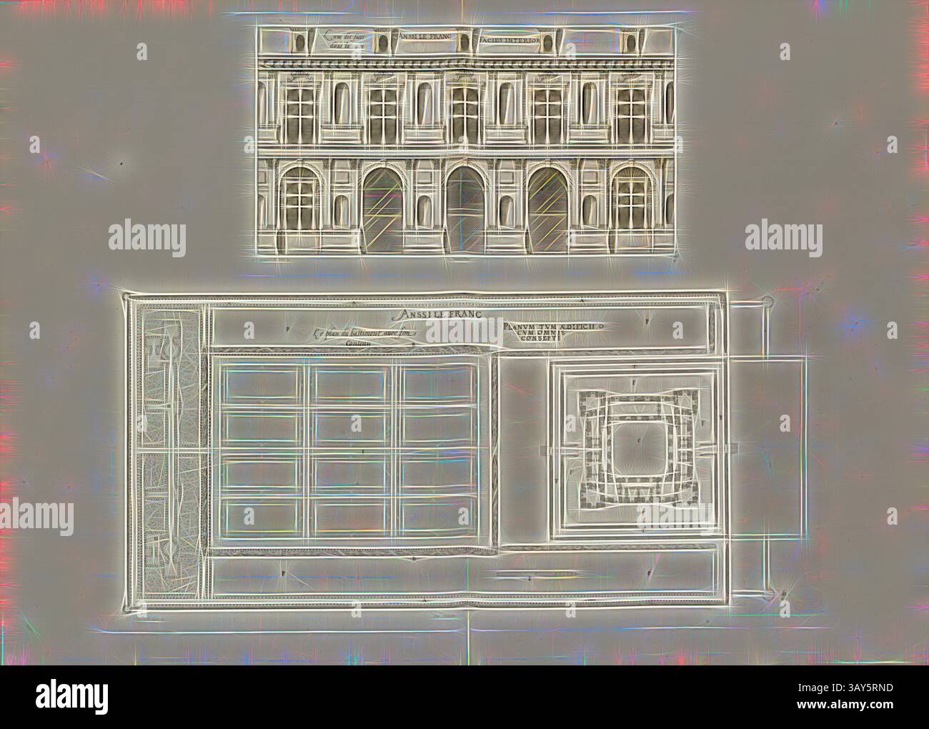 Eine architektonische Zeichnung zeigt eine elegante Gebäudefassade mit Bogenfenstern und dekorativen Details, begleitet von einem Grundriss, der eine umgebende plaza zeigt., Anssi der Frank. Der Plan des Basments mit seinem Inhalt, Château d'Ancy-le-Franc in Frankreich, unterzeichnet: FD; Imp. Delatre; A. Lévy, Abb. 61, T. 1. 59., Cerceau, Jacques Androuet du (del.); Faure-Dujarric, Pierre-Lucien (sc.); Delâtre, Eugène (Imp.); Levy, A. (Hrsg.), 1868, Jacques Androuet du Cerceau; Hippolyte A. Destailleur: Les plus Excellents Bastiments de France. Paris: A. Lévy, Libraire-Editeur, M DCCC LXVIII - M Stockfoto