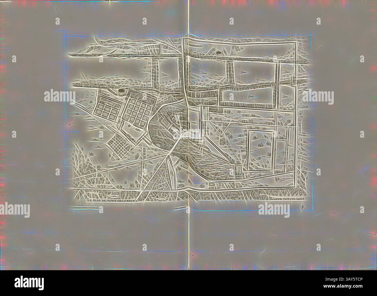 Eine stilisierte Karte mit einem Netz von Straßen, Strukturen und geografischen Merkmalen, die ein detailliertes Layout eines Gebiets mit komplexen Mustern und Texturen zeigt. Sweet Schlagsahne. Der Grundriss des gesamten Inhalts, Grundriss des Château de Chantilly und seiner Gärten in Frankreich, unterzeichnet: FD; Imp. Lemercier et Cie, A. Lévy (Hrsg.), Abb. 35, T. 2. 34., Cerceau, Jacques Androuet du (del.); Faure-Dujarric, Pierre-Lucien (sc.); Lemercier (Imp.); Levy, A. (Hrsg.), 1868, Jacques Androuet du Cerceau; Hippolyte A. Destailleur: Les plus Excellents Bastiments de France. Paris: A. Lévy, Libraire-Editeur, M. DCCC Stockfoto