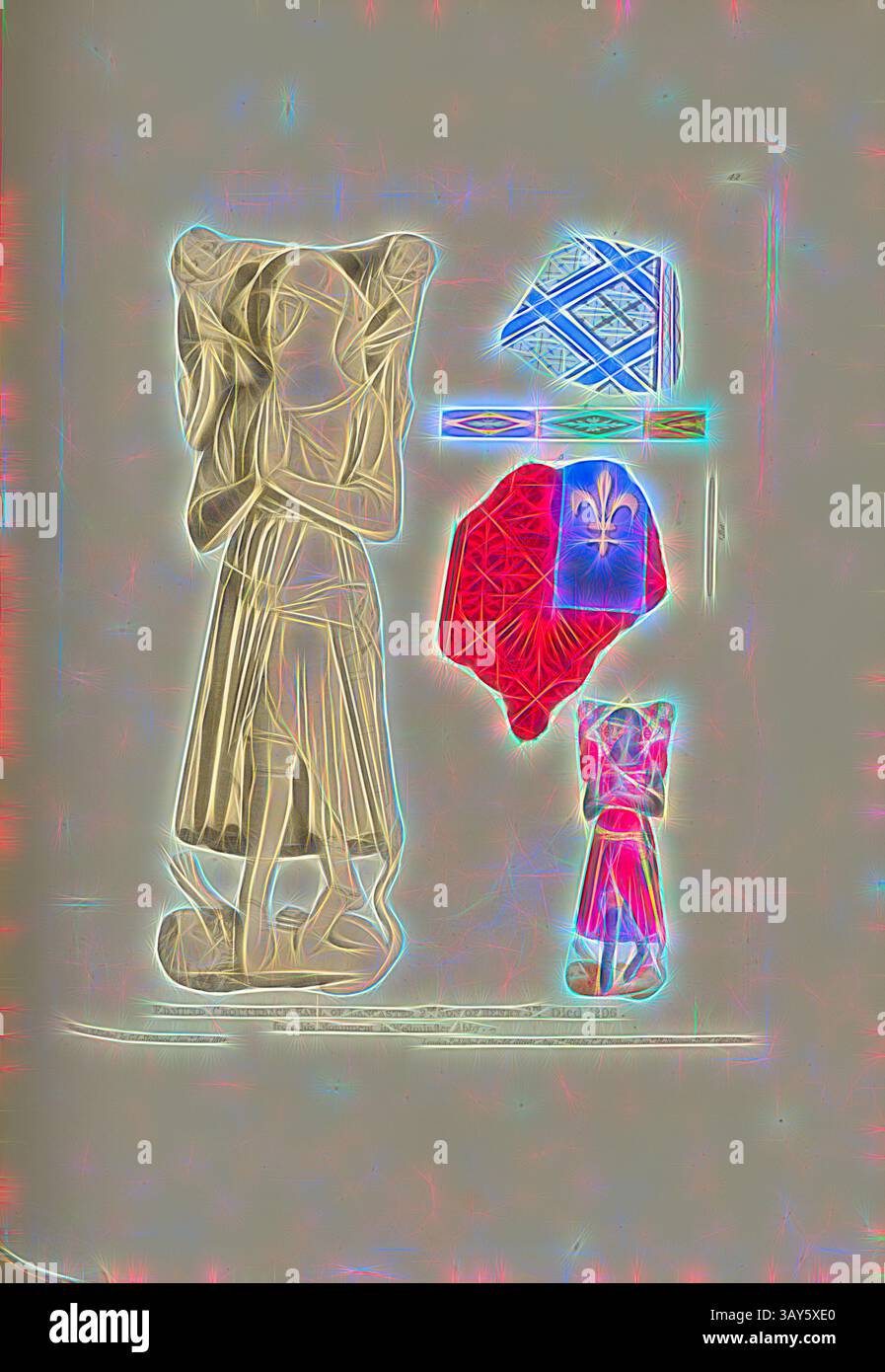 Eine stilisierte Darstellung einer Figur mit einem Bündel, begleitet von zwei gemusterten Textilien, die eine Mischung aus lebendigen Designs zeigen. Die Szene betont Textur und Form und schafft eine optisch eindrucksvolle Komposition. Edmund Crouchback Earl of Lancaster 2. Sohn von Heinrich 3. Starb 1296 an seinem Monument in Westminster Abby 2, Tomb of Edmund Crouchback, 1. Earl of Lancaster, in Westminster Abbey, signiert: Draw & Etched by C.A. Stothard Jun, herausgegeben von C.A. Stothard Jun, Abb. 47, 42, nach S. 40, Stothard, Charles Alfred Jun. (gezeichnet, geätzt und publiziert), Charles Alfred Stothard, Alfred John Kempe: The Stockfoto