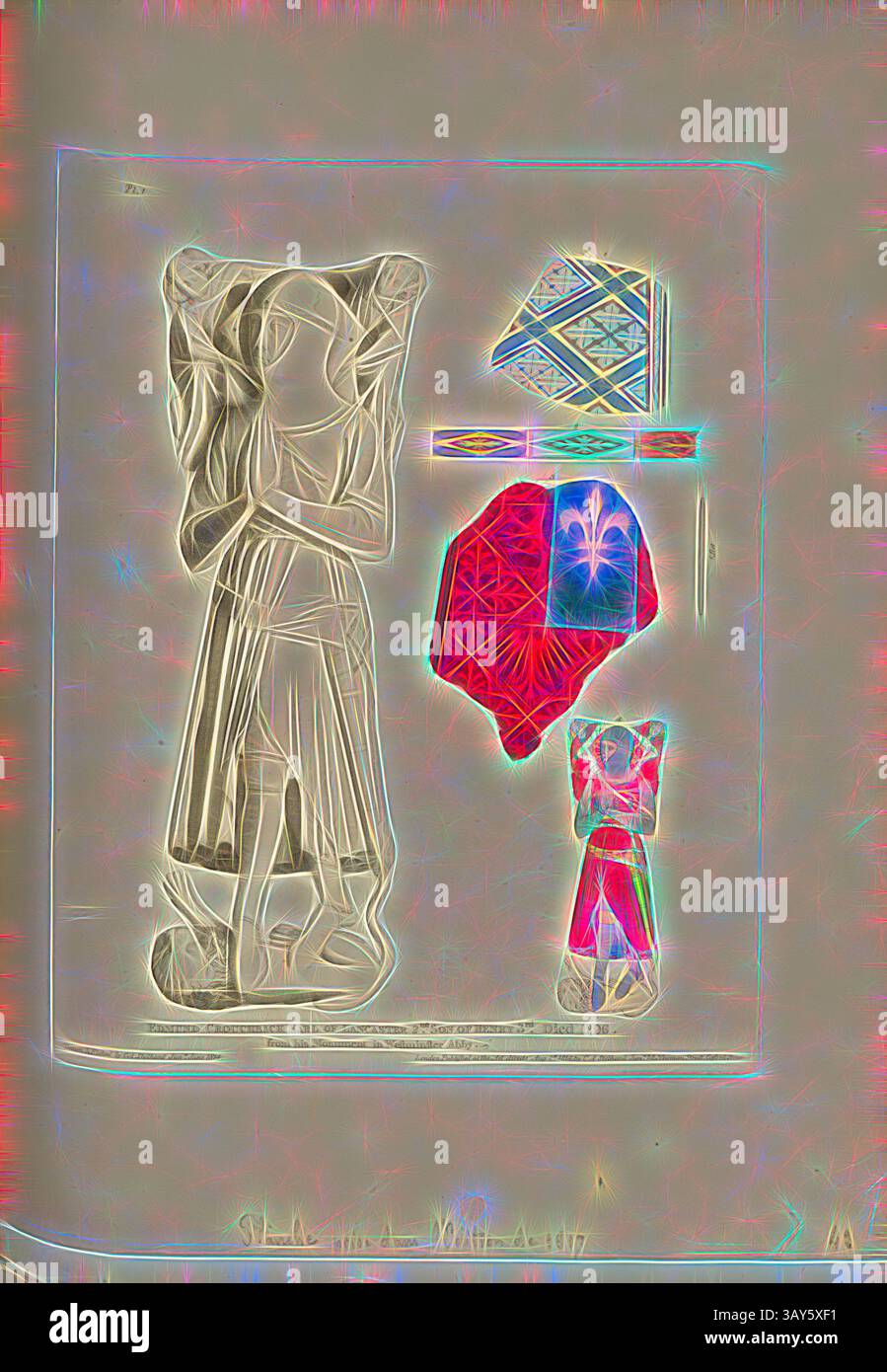 Eine Kollektion abstrakter Formen und Muster, die eine Figur in einem fließenden Kleidungsstück sowie lebendige geometrische Designs präsentiert. Die Farben und Texturen erzeugen ein Gefühl von Tiefe und Bewegung und laden zum Nachdenken über das Zusammenspiel von Form und Design ein. Edmund Crouchback Earl of Lancaster 2. Sohn von Heinrich 3. Starb 1296 an seinem Monument in Westminster Abby 1, Tomb of Edmund Crouchback, 1. Earl of Lancaster, in Westminster Abbey, signiert: Draw & Etched by C.A. Stothard Jun, herausgegeben von C.A. Stothard Jun, Abb. 46, Pl. 1, S. 40, Stothard, Charles Alfred Jun. (gezeichnet, geätzt und publiziert), Charles Stockfoto
