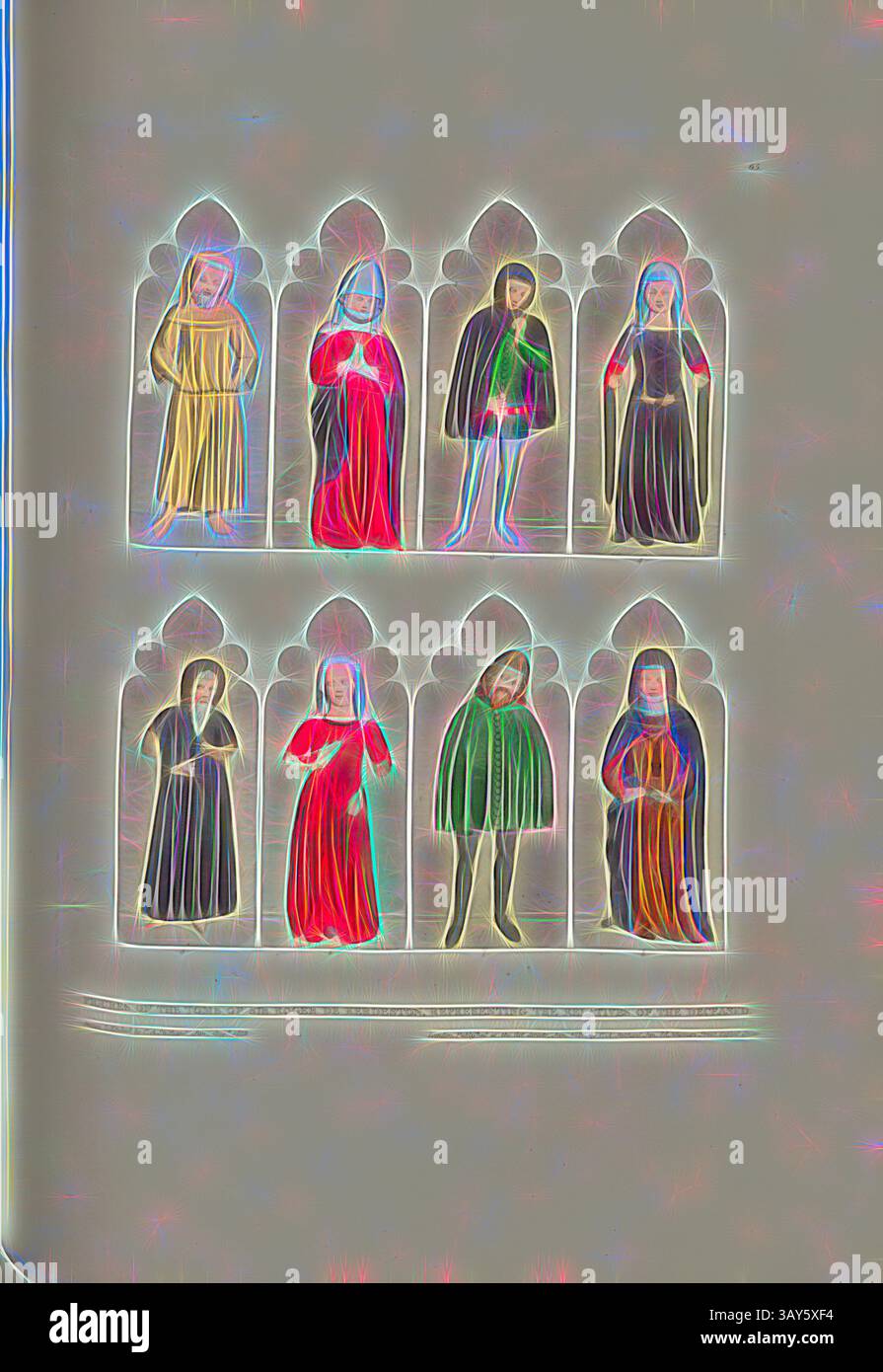 Eine Serie von acht stilisierten Figuren, die in bogenförmigen Nischen angeordnet sind, jede mit bunten Gewändern verziert sind, die eine Reihe von Farbtönen und komplizierten Details zeigen, die ein Gefühl von historischer oder religiöser Bedeutung hervorrufen., Figuren auf dem Grab von Sir Roger de Kerdeston, die die Verwandten des Verstorbenen repräsentieren, Figuren auf dem Grab von Sir Roger de Kerdiston in der St. Mary's Church in Reepham in Norfolk, signiert von C.A. Stothard Jun. 74, 65, nach S. 54, Stothard, Charles Alfred Jun. (gezeichnet, geätzt und publiziert), Charles Alfred Stothard, Alfred John Kempe: The Stockfoto
