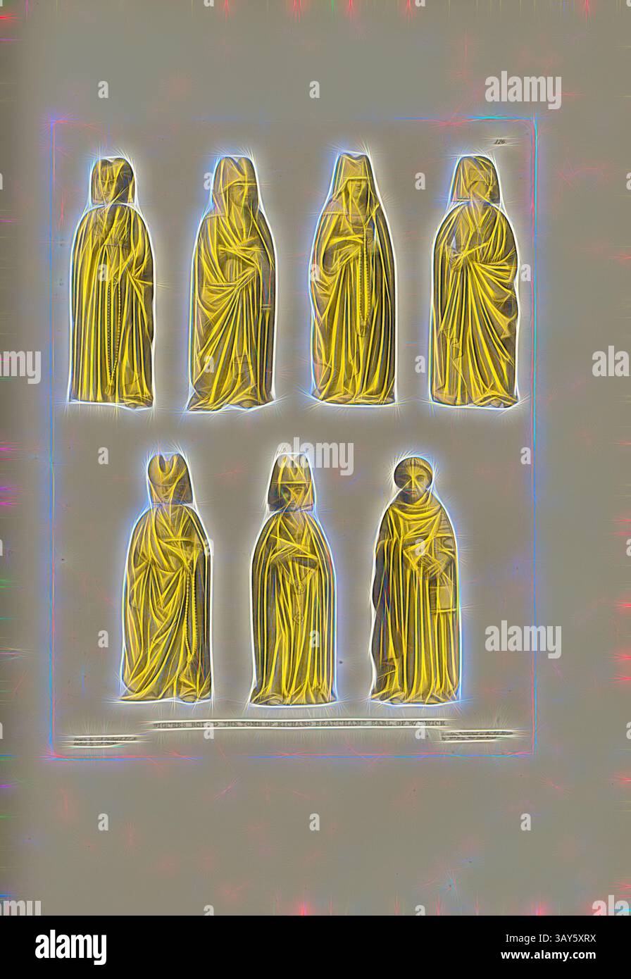 Eine Sammlung von sieben elegant drapierten Figuren, die jeweils eigene Kapuzen und Gewänder tragen und rechteckig angeordnet sind. Ihre fließenden Kleidungsstücke vermitteln ein Gefühl von Mysterium und Ehrfurcht, mit komplizierten Falten und Texturen, die ihr anmutiges Aussehen verstärken. Die Figuren erinnern an eine zeitlose Qualität und laden zur Betrachtung ihres Zwecks und ihrer Herkunft ein. Figuren rund um das Grab von Richard Beauchamp Earl of Warwick 2, Figuren am Grab von Richard Beauchamp, 13. Earl of Warwick an der St Mary's Church in Warwick, signiert: Gezeichnet von C.A. Stothard; geätzt von C.J. Smith; veröffentlicht von Mrs. Bray, Abb. 138, 126 Stockfoto