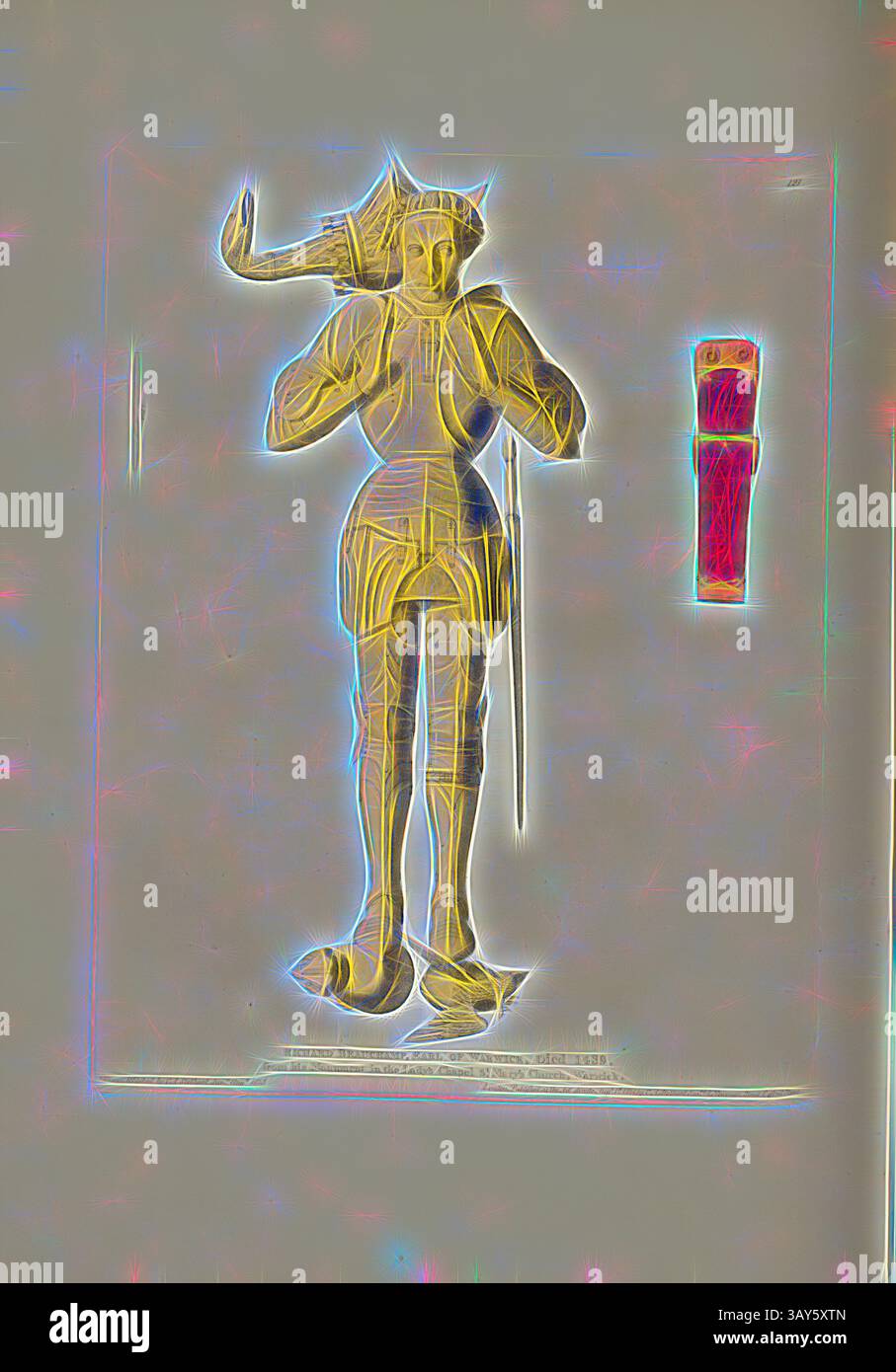 Eine stilisierte Figur steht selbstbewusst und hält einen Stab, der in raffinierter Kleidung verziert ist, die auf ein historisches oder mythisches Thema hinweist. Der Hintergrund zeigt ein kontrastierendes rotes Element, das der Gesamtkomposition einen lebendigen Touch verleiht. Richard Beauchamp, Earl of Warwick, starb 1439. Aus seinem Monument in der Lady's Chapel St. Mary's Church, Warwick, Grab von Richard Beauchamp, 13. Earl of Warwick in St Mary's Church, Warwick, signiert: Draw & Etched by C.A. Stothard Jun, herausgegeben von C.A. Stothard Jun, Abb. 133, 121, nach S. 90, Stothard, Charles Alfred Jun. (gezeichnet, geätzt und publiziert), Charles Stockfoto