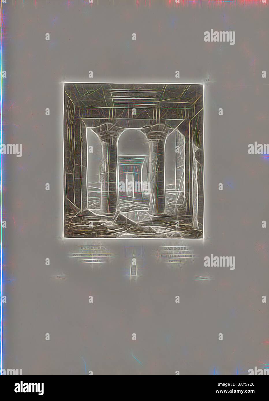 Eine stilisierte Darstellung eines antiken architektonischen Raumes, gekennzeichnet durch große Säulen und bogenförmige Öffnungen, die ein Gefühl von Tiefe und Geschichte schaffen. Dezente Details deuten auf ein Spiel von Licht und Schatten hin und unterstreichen das komplizierte Design des Gebäudes., Danduhr, Innenansicht der Lobby, Tempel von Dendur, signiert: GAV; Leisnier, PL. 24, S. 66, Gau, Franz Christian (del.); Leisnier (sc.), Franz Christian Gau; Barthold Georg Niebuhr: Antiquités de la Nubie: ou monumens inédits des bords du Nil, situés entre la première et la seconde cataracte: ouvrage faisant Suite au Grand ouvrage de la Commission D' Stockfoto