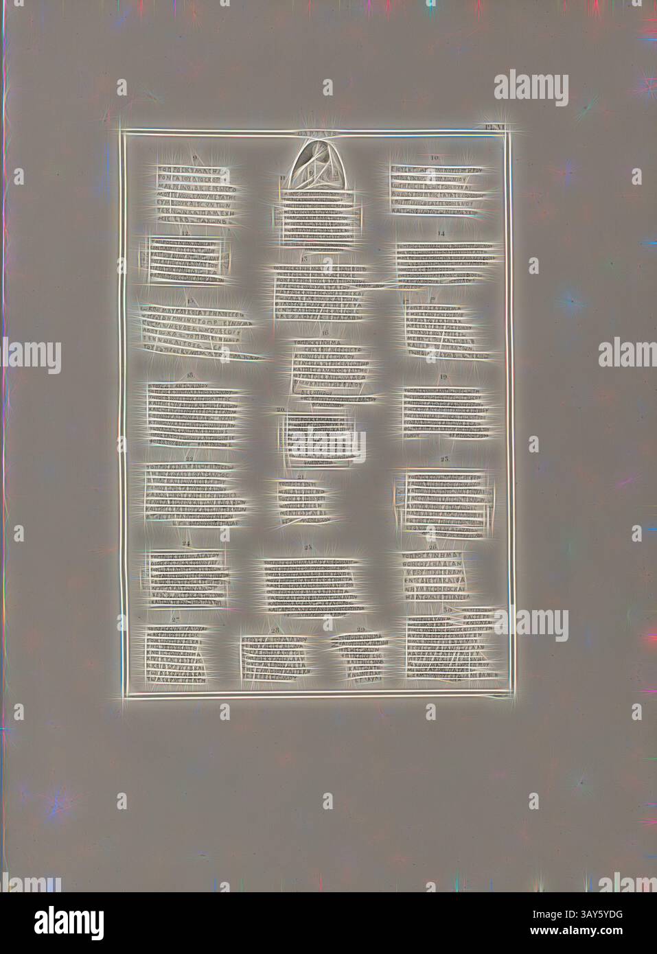 Eine Sammlung von Texteinträgen, die in einem rechteckigen Layout angeordnet sind und eine Vielzahl von stilistischen Elementen wie Überschriften und Anmerkungen enthalten, die verschiedene Themen oder Themen hervorheben. Die Gesamtpräsentation gibt eine faszinierende, abstrakte Qualität., Gartass, nubische Inschriften, signiert: Sauvé sc, Pl. VI, S. 152, Sauvé (sc.), Franz Christian Gau; Barthold Georg Niebuhr: Antiquités de la Nubie: Ou monumens inédits des bords du Nil, situés entre la première et la seconde cataracte: Ouvrage faisant Suite au Grand ouvrage de la Commission D'Egypt; dédié au ROI. Stuttgart: aux frais de la Stockfoto