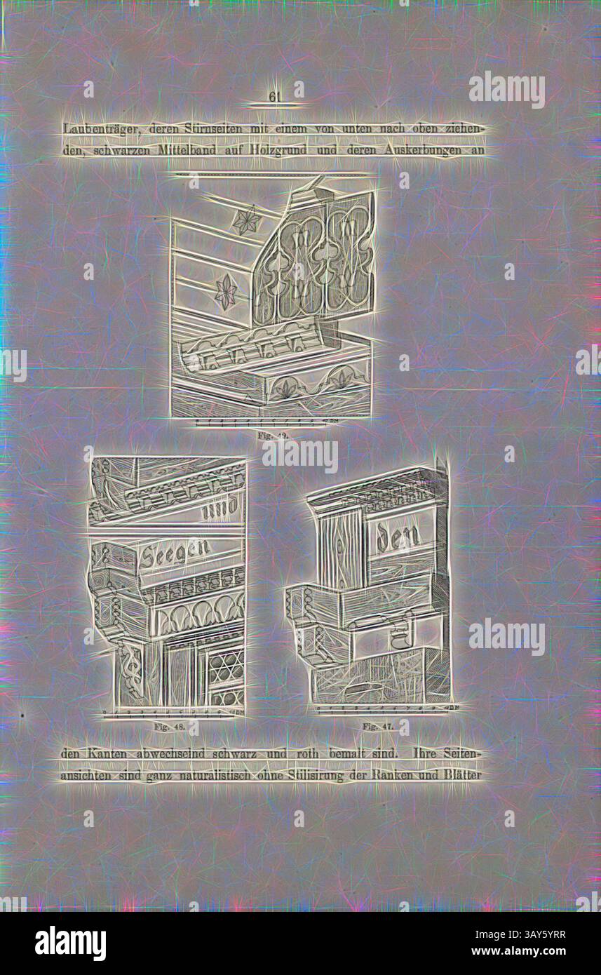 Eine Reihe detaillierter Illustrationen zeigt architektonische Details von drei verschiedenen Strukturen, mit kunstvollen Designs an den Fassaden und dekorativen Elementen, die die Handwerkskunst hervorheben. Das obere Segment betont ein gemustertes Band, während sich die unteren Bereiche auf aufwändig gearbeitete Ecken und Beschriftungen konzentrieren., Laubträger, verschiedene Laubträger, Abb. 47-49, S. 61, 1885, Ernst Gladbach: Die Holz-Architectur der Schweiz, 2. Aufl. Zürich & Leipzig: Orell Füssli, 1885, Klassische Kunst mit modernem Touch von Artotop Stockfoto