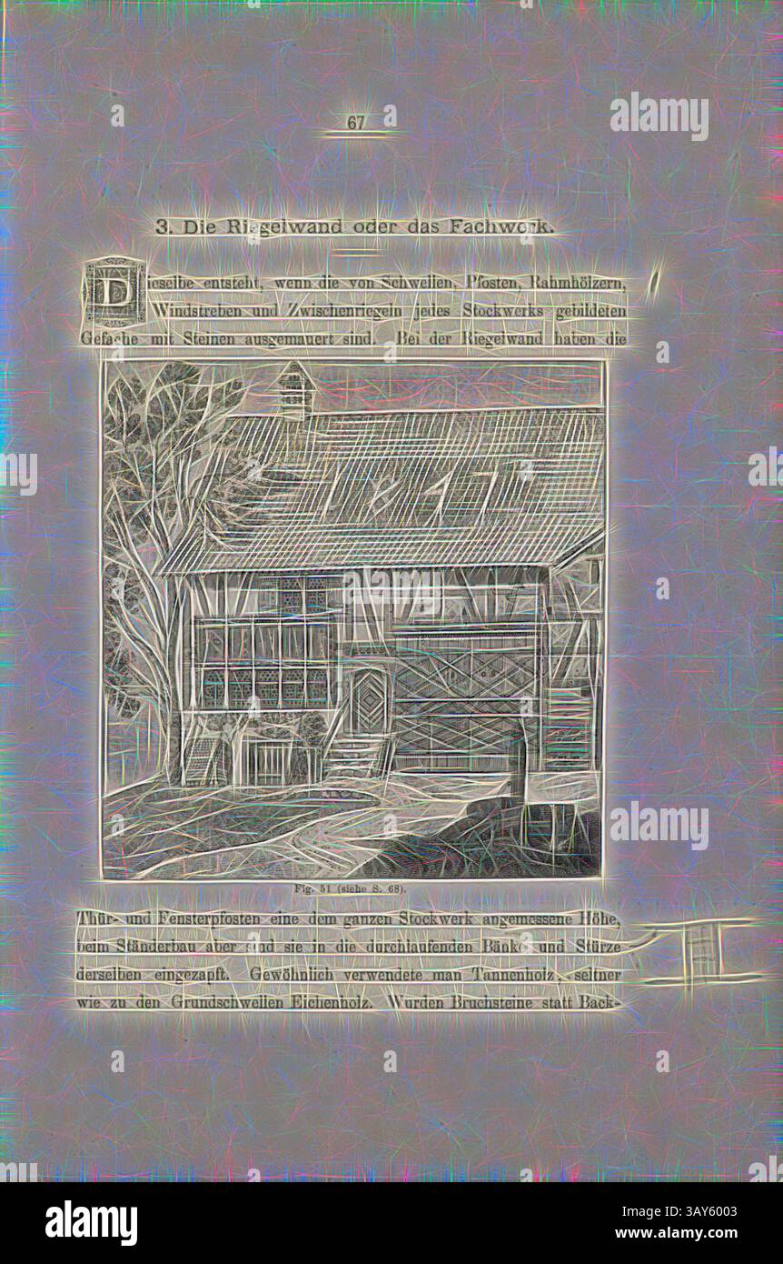 Eine Architekturillustration, die ein traditionelles Fachwerkhaus darstellt und seine markanten strukturellen Elemente und Gestaltungsdetails zeigt, begleitet von Text, der Kontext und Beschreibung des Baustils liefert., Haus in Hofstetten, Haus in Hofstetten (Kanton Zürich) aus dem Jahr 1808, Abb. 51, S. 67, 1885, Ernst Gladbach: Die Holz-Architectur der Schweiz, 2. Aufl. Zürich & Leipzig: Orell Füssli, 1885, Klassische Kunst mit modernem Touch von Artotop Stockfoto