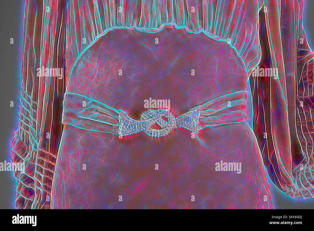 Eine Nahansicht eines eleganten Kleidungsstücks mit einem dekorativen Gürtel mit einer markanten, komplizierten Schnalle. Die lebhafte Umrisse verleiht dem Modestück ein surreales, künstlerisches Flair. Hochzeitskleid mit Gürtel, Handschuhen und Kopfstück, Unknown, Designer, 1935, Seidensamt, Gürtelschnalle mit Strasssteinen, A) Kleid: Länge 53 cm, Textil- und Modekunst, klassische Kunst mit modernem Touch, neu interpretiert von Artotop Stockfoto