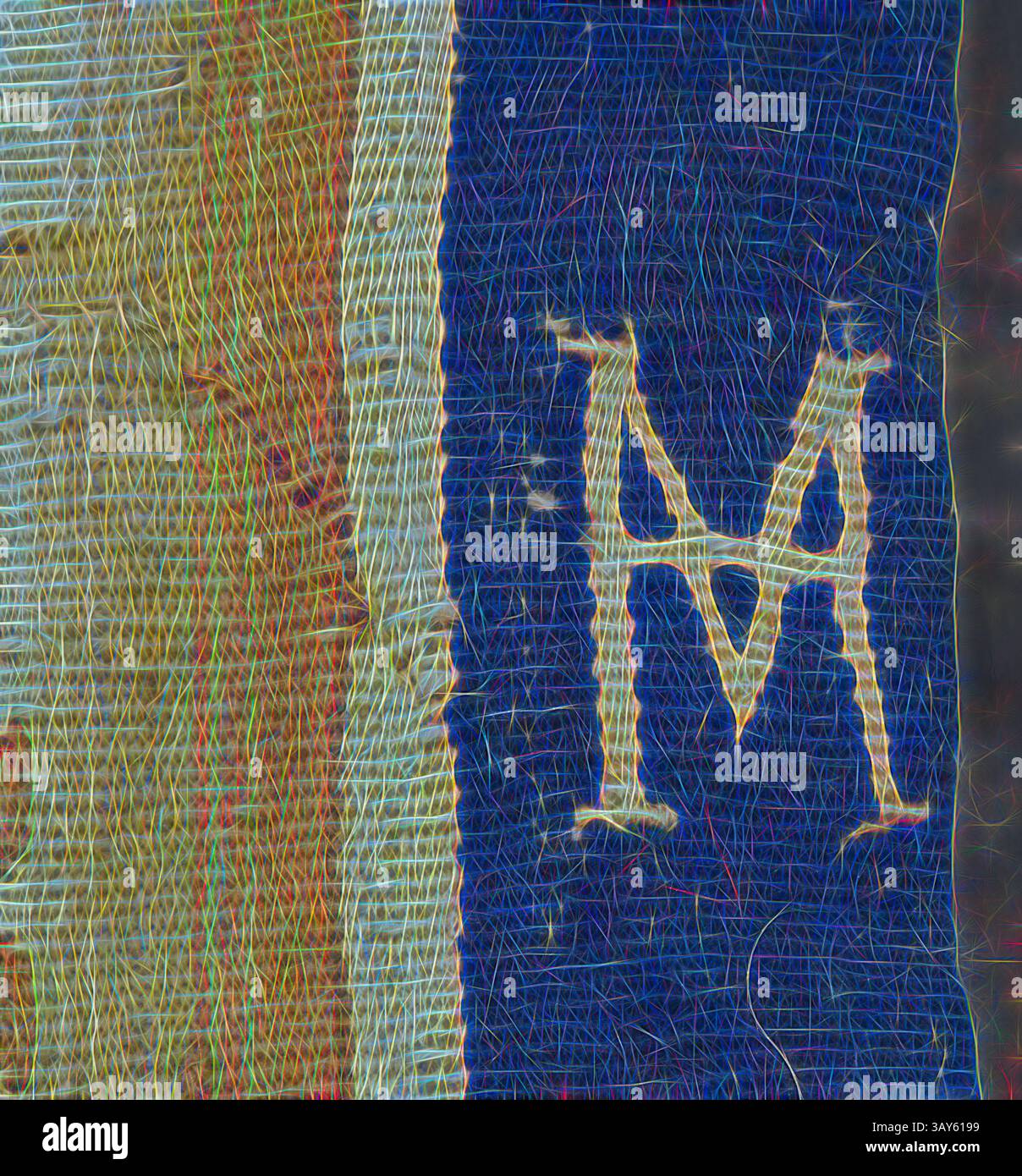 Ein kompliziertes Design mit auffälliger, stilisierter Schrift des Buchstabens „M“ vor einem strukturierten, farbenfrohen Hintergrund, mit dynamischen Linien und Mustern, die Tiefe und Charakter verleihen., der wundersame Entwurf von Fischen (Wandteppich), Hendrick Mattens (Flämisch), nach Raffael (italienisch, 1483-1520), um 1630, Wolle, 162 x 195 cm, Monogramm, gewebt, linke Seite des unteren Randes: BB [Cipher für Brabant-Brüssel], Monogramm, gewebt, untere Hälfte des rechten Randes: HM [überlappende Initialen für Hendrick Mattens], Textil- und Modekunst, Klassische Kunst mit modernem Twist, neu interpretiert von Artotop Stockfoto