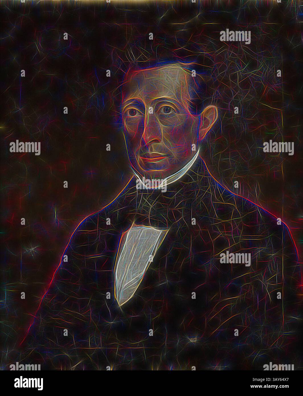 Ein formelles Porträt eines Mannes in Kleidung aus dem 19. Jahrhundert mit dunklem Hintergrund, der den auffälligen Kontrast seines weißen Kragens und seines strukturierten Anzugs unterstreicht. Sein Ausdruck ist ernst und deutet auf ein Gefühl von würde und Ausgeglichenheit hin. Porträt von Ezra R. Butler, Unbekannt, um 1840, Öl auf Leinwand, 30-5/8 x 25-1/8 Zoll. (Leinwand) 34-1/8 x 28-7/8 x 2-3/4 Zoll (Gerahmt), amerikanische, amerikanische Malerei und Skulptur bis 1945, Klassische Kunst mit einem modernen Twist, neu gestaltet von Artotop Stockfoto