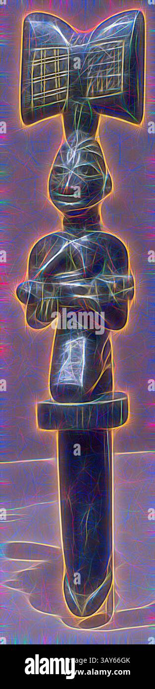 Eine stilisierte Figur steht hoch, verziert mit komplizierten Mustern und Details. Die Figur ist mit einem Objekt dargestellt, das einen Sinn für kulturelle Bedeutung und künstlerischen Ausdruck ausstrahlt. Die lebendigen Linien verbessern ihre Form und schaffen eine beeindruckende und eindrucksvolle visuelle Präsenz., Sango Staff (OSE Sango), Yoruba People, 1900-1950, Holz, Pigment, keine Messdetails., afrikanische Kunst, Klassische Kunst mit einem modernen Twist, neu interpretiert von Artotop Stockfoto
