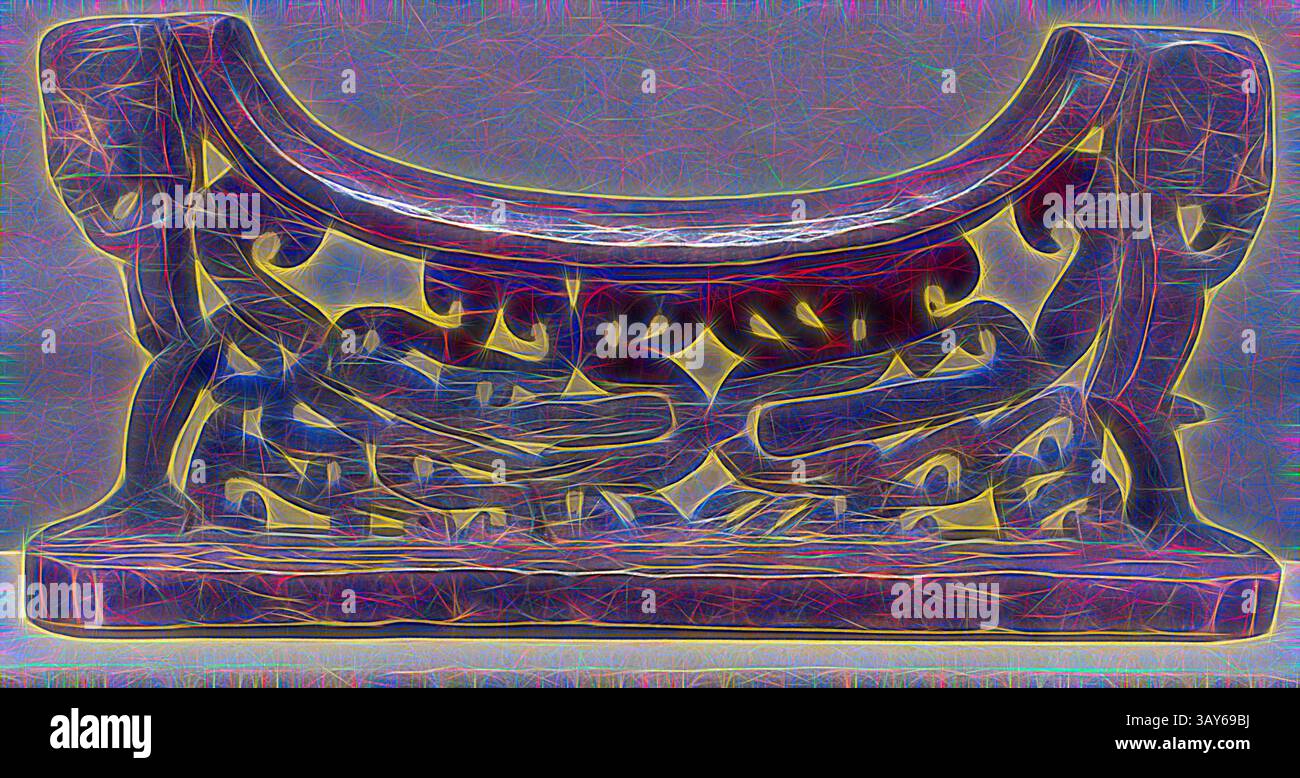 Eine aufwendig geschnitzte dekorative Bank mit raffinierten Designs zeigt ineinander verflochtene Figuren und fließende Muster, die handwerkliches Können und künstlerischen Ausdruck hervorheben. Kopfstütze (zwei menschliche Figuren), 1930-1950, Holz, 6-3/4 x 14 x 3 Zoll, South Pacific Art, Klassische Kunst mit einem modernen Touch, neu interpretiert von Artotop Stockfoto