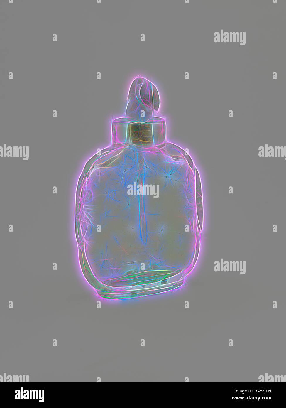 Eine stilisierte Flasche mit einer skurrilen, leuchtenden Umrisse, die ihre elegante Form und ihr elegantes Design deutlich unterstreicht. Die Flasche wirkt ätherisch und erinnert an ein Gefühl von Intrige und Reiz. Snuff-Flasche mit Deckel, Glas, 3-1/4 Zoll, Asiatische Kunst, Klassische Kunst mit einem modernen Touch, neu interpretiert von Artotop Stockfoto