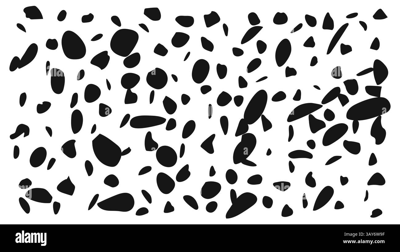Abstraktes dalmatinisches Punktmuster mit schwarzen unregelmäßigen Formen auf weiß, ideal für Dekor- und Designprojekte. Hochwertiger nahtloser Vektor mit auffälligem, modifiziertem Stock Vektor