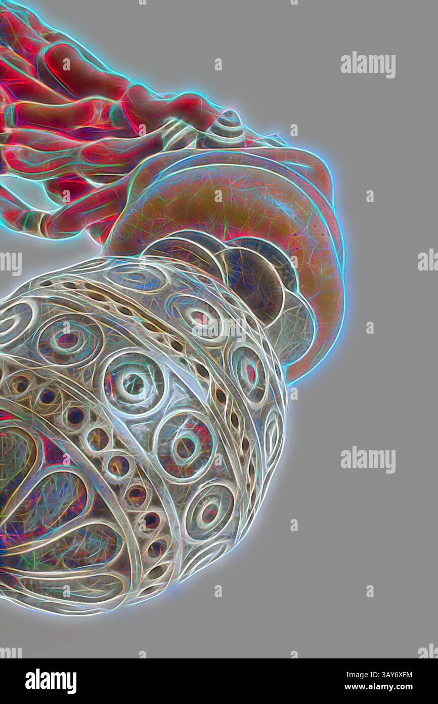 Ein aufwändig gestaltetes Ornament mit einem kugelförmigen Körper, der mit verschiedenen kreisförmigen Mustern und Texturen verziert ist, ergänzt durch eine anmutig fließende Befestigung, die auf künstlerische Handwerkskunst hinweist., Halskette für Frauen, Ida ou Sental People, 20. Jahrhundert, Silber, Emaille, Koralle, Bernstein, Glas, Stein, Schale, Faser, 29-1/4 x 2 cm, afrikanische Kunst, klassische Kunst mit einem modernen Touch, neu interpretiert von Artotop Stockfoto