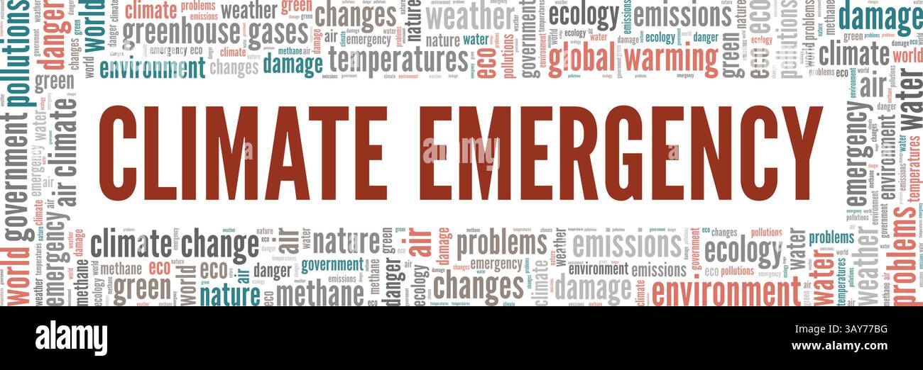 Klima Notfall Wort Wolke konzeptionelles Design isoliert auf weißem Hintergrund. Stock Vektor