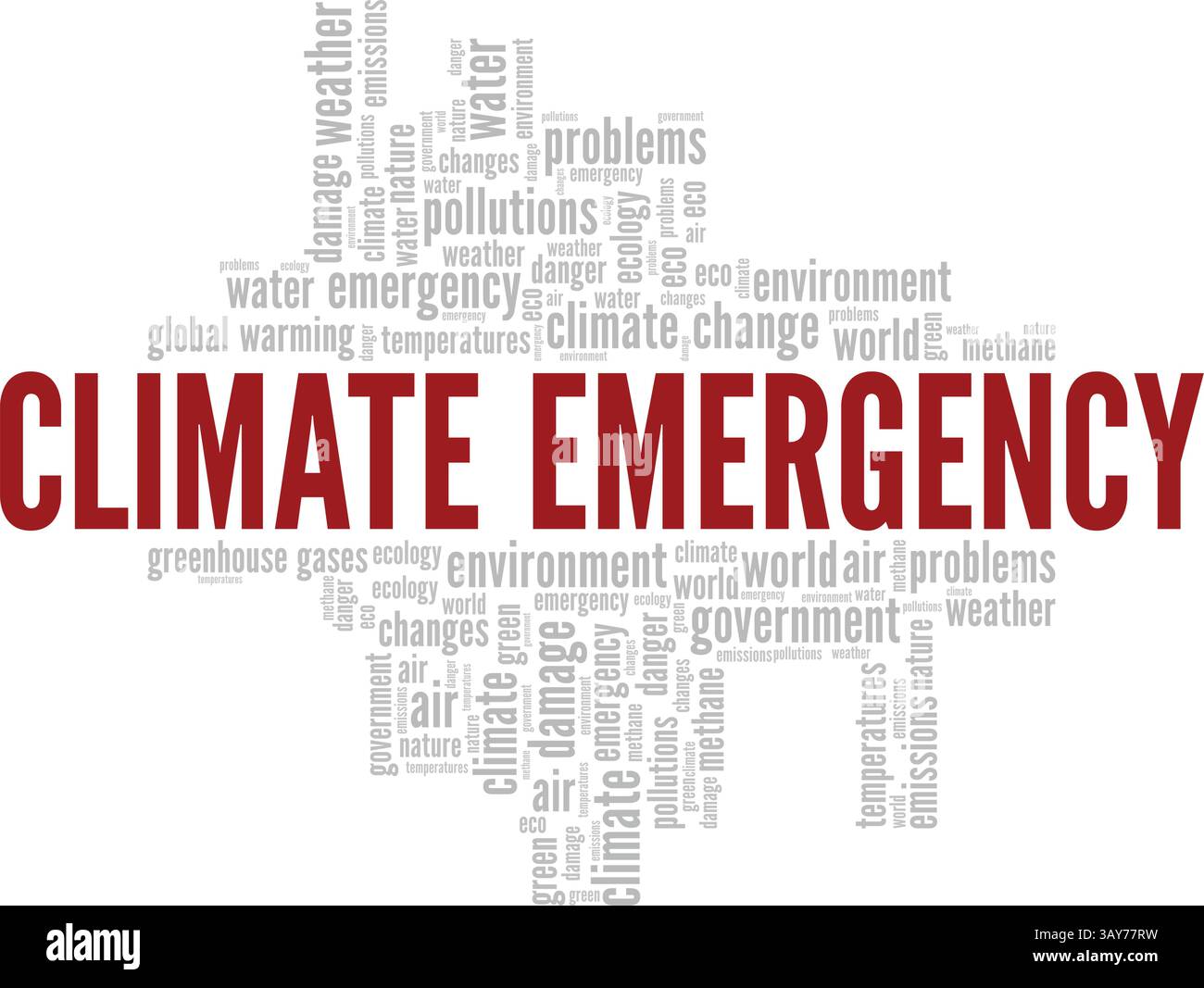 Klima Notfall Wort Wolke konzeptionelles Design isoliert auf weißem Hintergrund. Stock Vektor