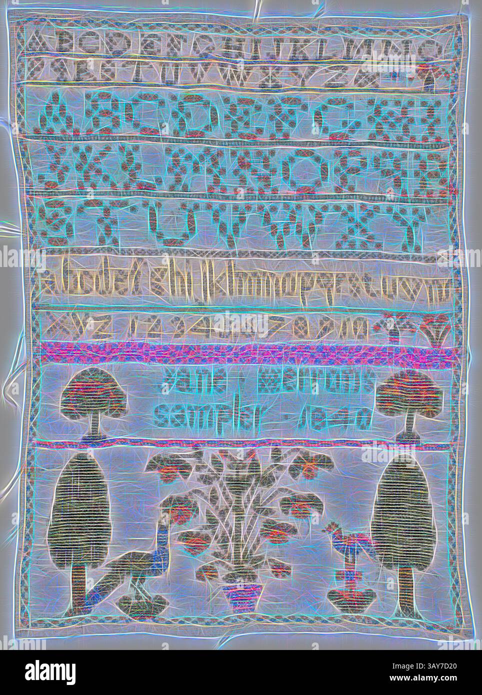 Ein farbenfrohes Textildesign mit komplizierten Mustern und Motiven, darunter Bäume, Pflanzen und geometrische Formen, alle in horizontalen Bändern angeordnet. Die komplizierten Details des Probennehmers zeigen künstlerische Handwerkskunst mit einem skurrilen Touch., Probenehmer, 1840, Baumwolle, Leinen, 16 x 11-1/2 Zoll, signiert: Jane Herron's Sampler- 1840, Textile and Fashion Arts, Klassische Kunst mit einem modernen Twist, neu interpretiert von Artotop Stockfoto