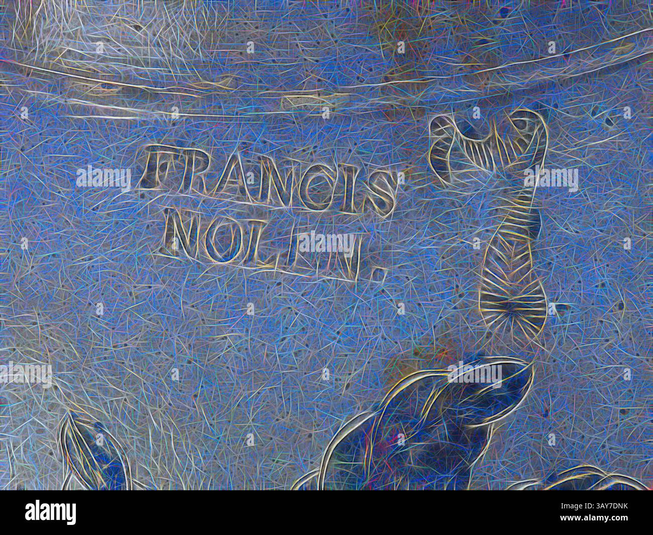 Ein kompliziertes Design mit dem Namen „Francis Nolin“, umgeben von künstlerischen Texturen und Mustern, die einen optisch fesselnden Effekt erzeugen., Dose, Francis Nolen (amerikanisch, 1827-1867), ca. 1850-1854, Salzglasiertes Steingut, 19-3/4 x 12 (Durchm.) In., geprägt von Kobalt-Slip, oben abgerundete Kante, zwischen Griffen: FRANCIS, NOLEN., Dekorative Künste, klassische Kunst mit modernem Touch, neu interpretiert von Artotop Stockfoto