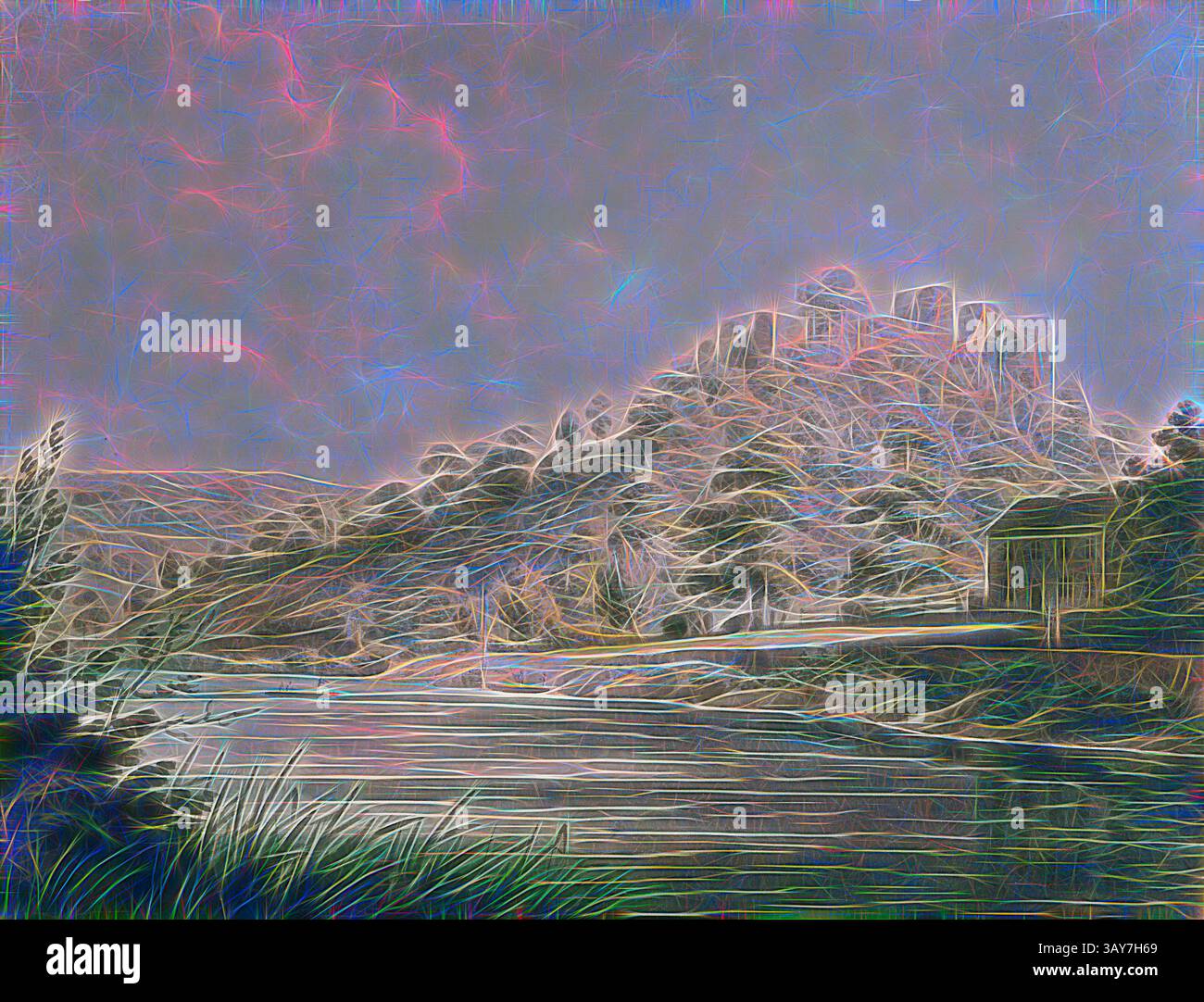 Eine ruhige Landschaft mit einem sanft fließenden Fluss im Vordergrund, mit einem zerklüfteten, felsigen Hügel, der majestätisch im Hintergrund aufsteigt. Üppiges Laub säumt die Ufer und ein Hauch von bewölktem Himmel verleiht der Szene Tiefe und schafft eine ruhige Atmosphäre. Goodrich Castle am River Wye, Edward Dayes (britisch, 1763-1804), 1796, Aquarell über Bleistift auf weißem Webpapier, 12-5/8 x 16-1/2 Zoll. (Blatt), signiert und datiert in schwarzer Tinte L.L.: E. Dayes 1796, Klassische Kunst mit einem modernen Twist von Artotop Stockfoto