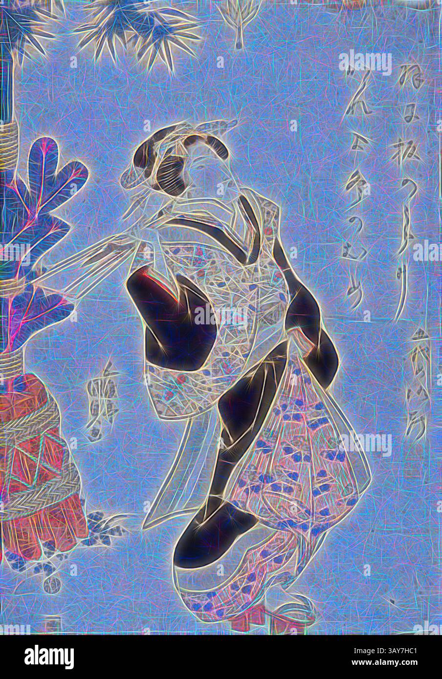 Eine anmutige Figur in traditioneller Kleidung schwingt unter stilisiertem Laub und verkörpert Eleganz und kulturelles Erbe in einer lebendigen, ätherischen Farbpalette., Girl with Battledore, Utagawa Kunisada æ­Œå· å ½è²ž (Japanisch, 1786-1864), Azuma-ya Daisuke, Verleger (Japanisch), Edo, Tinte auf Papier, farbiger Holzschnitt, 14-1/4 x 10 Zoll, Unterschrift: Gototei Kunisada GA Censor: Kiwame Verlag: Azuma-ya Daisuke (KinshÅ«dÅ), Asiatische Kunst, Klassische Kunst mit einem modernen Twist, neu interpretiert von Artotop Stockfoto