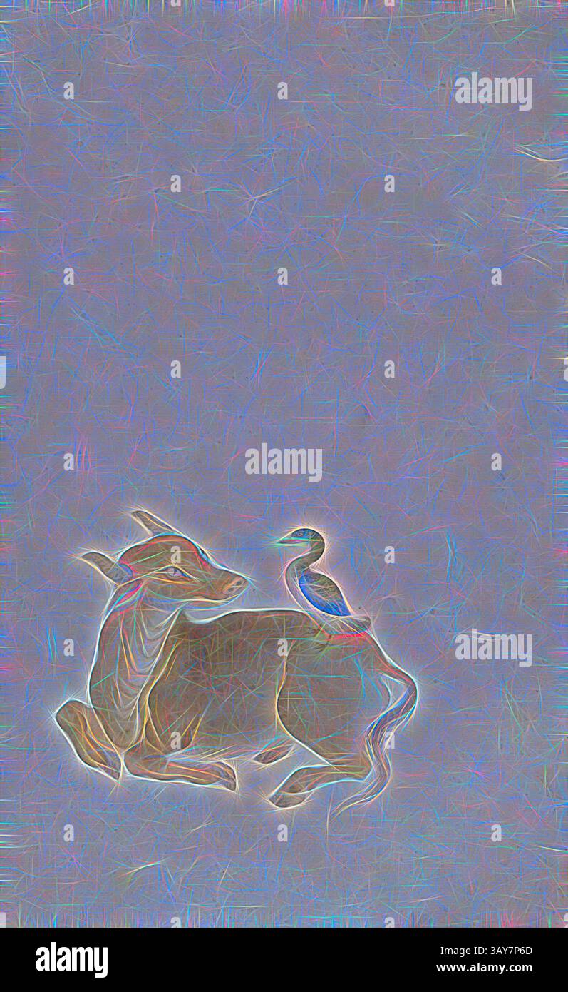 Eine ruhige Kuh ruht friedlich, während ein kleiner Vogel auf dem Rücken thront und eine harmonische Verbindung zwischen den beiden Tieren zeigt. Die sanften, wirbelnden Farben verstärken die ruhige Atmosphäre der Szene., Lidai tuibei quantu, Kopie von Jiao Bingzhen (Chinesisch, 1689-1726), Qing-Dynastie, 1700-1726, Tinte und Farbe auf Papier, keine Messdetails., Asiatische Kunst, Klassische Kunst mit einem modernen Twist, neu interpretiert von Artotop Stockfoto