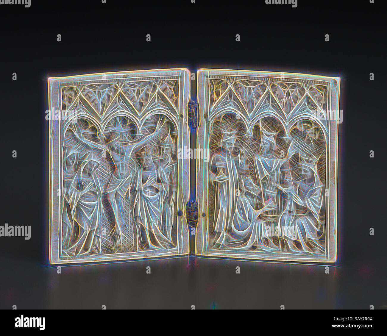 Ein aufwendig gestaltetes Altarbild mit detaillierten religiösen Szenen, das Figuren in aufwendiger Kleidung in kunstvollen Bögen zeigt. Die Handwerkskunst hebt feine Muster und Texturen hervor, die ihre historische Bedeutung unterstreichen., Diptychon: Crucifixion and Epiphany, 1375-1400, Elfenbein, Metallbeschläge, 3-1/4 x 4 x 4 x 3/8 Zoll. (Jeweils), europäische Malerei und Skulptur vor 1800, Klassische Kunst mit modernem Twist, neu interpretiert von Artotop Stockfoto