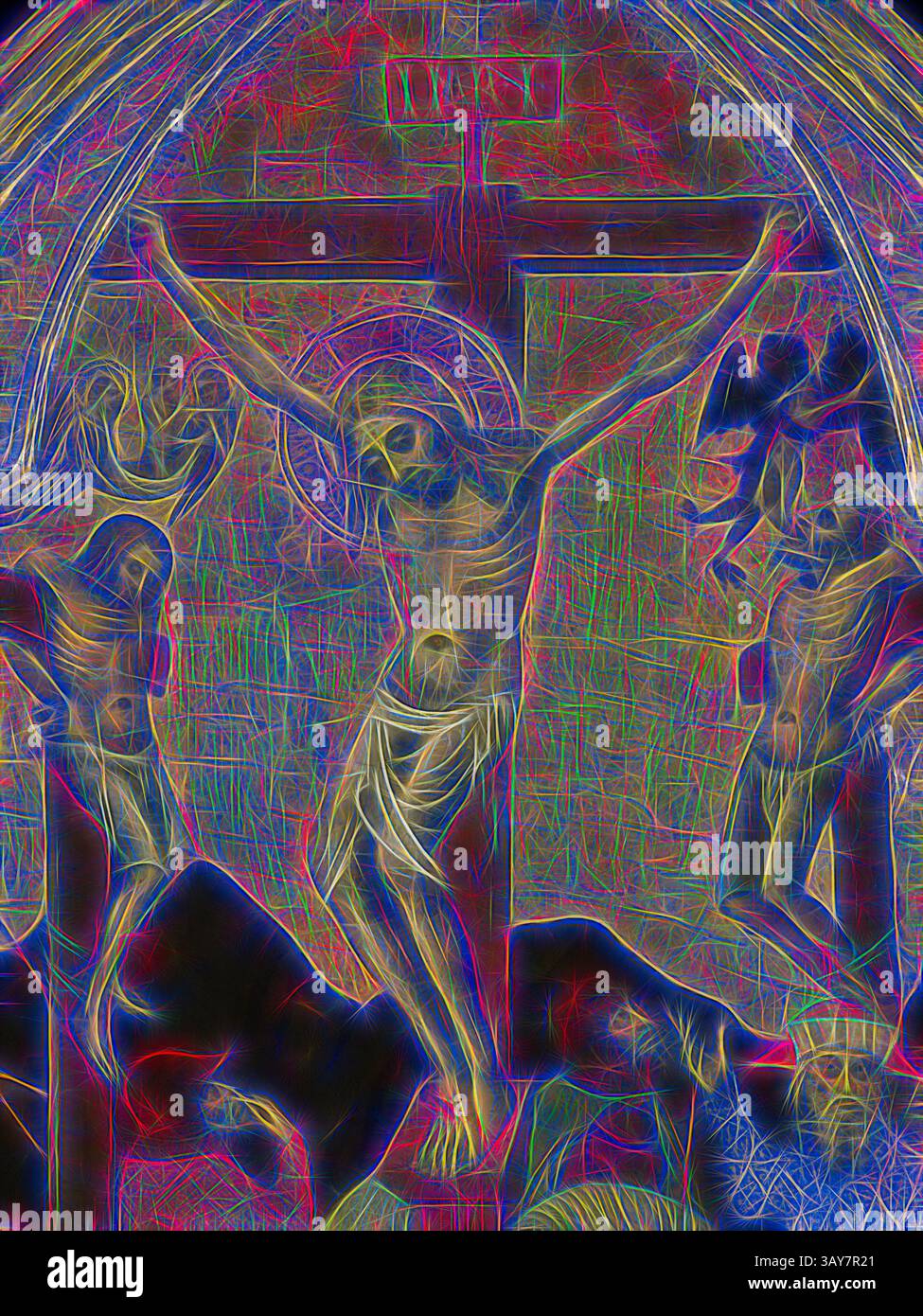 Eine lebendige Neuinterpretation einer klassischen religiösen Szene mit einer zentralen Figur auf einem Kreuz, flankiert von zwei weiteren Figuren. Der Hintergrund ist gefüllt mit abstrakten Mustern und Farben, die ein Gefühl von Bewegung und Emotionen hervorrufen. Crucifixion, Barnaba da Modena (italienisch, 1331-1413), ca. 1375, Tempera und Gold auf Holz, 41 x 26-1/2 Zoll. 52 x 33 Zoll (Gerahmt), europäische Malerei und Skulptur vor 1800, Klassische Kunst mit einem modernen Twist, neu gestaltet von Artotop Stockfoto