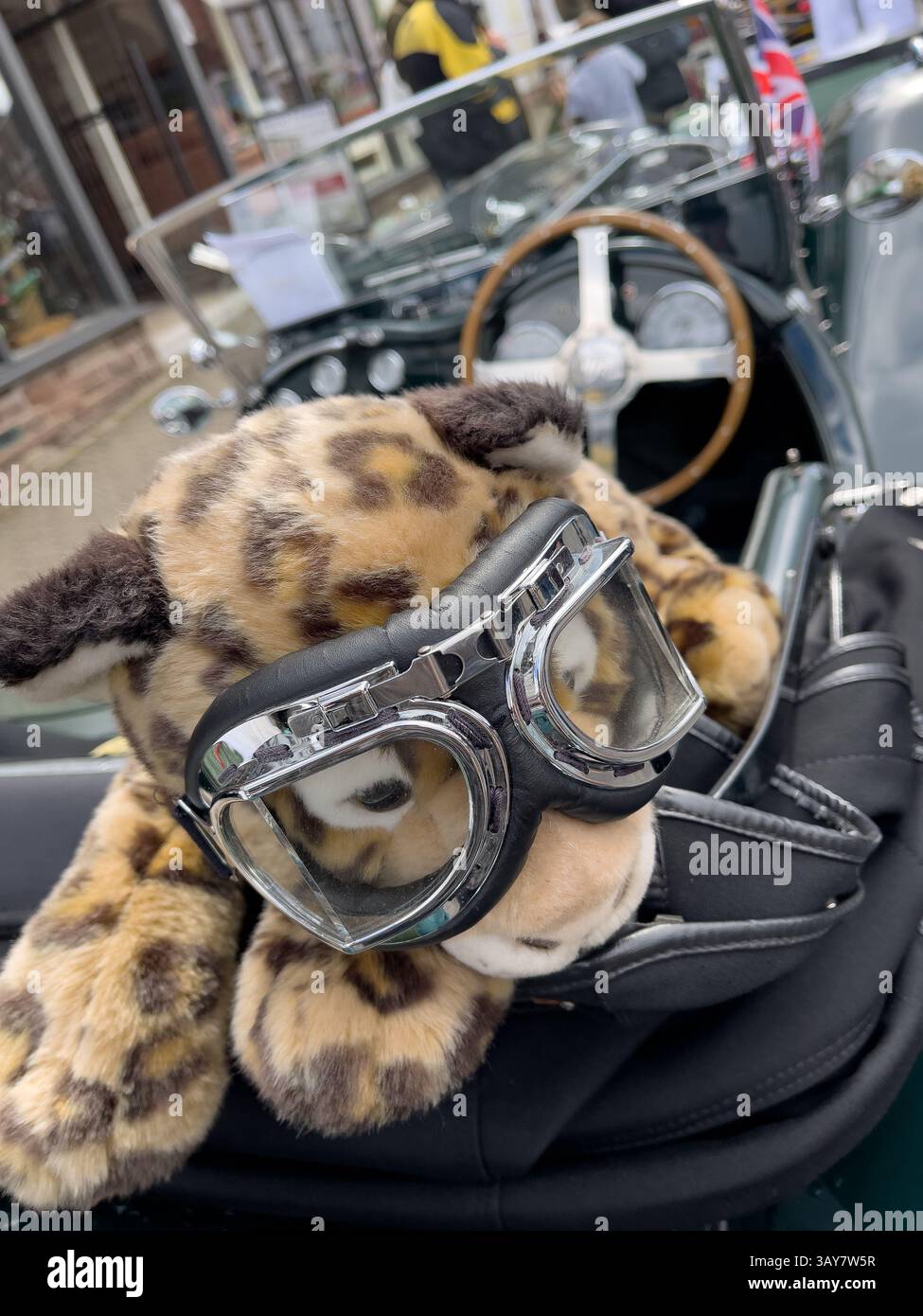 Ein Spielzeug-Jaguar mit Schutzbrille sitzt auf dem Faltverdeck eines Jaguar Motorwagens aus dem Jahr 1928, dem Coleford Festival of Transport. - Smartphone-aufgenommenes Stockfoto