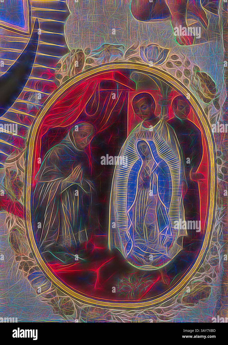 Eine lebendige Darstellung einer religiösen Szene mit einer Gebetsfigur neben einer strahlenden Darstellung der Jungfrau Maria, umgeben von Engelsfiguren, die alle innerhalb einer kunstvollen Grenze eingerahmt sind, die die gesamte spirituelle Atmosphäre unterstreicht., Jungfrau von Guadalupe, um 1700, Öl auf Leinwand, 82-11/16 x 54-5/16 cm, Europäische Malerei und Skulptur vor 1800, Klassische Kunst mit einem modernen Twist von Artotop neu erfunden Stockfoto