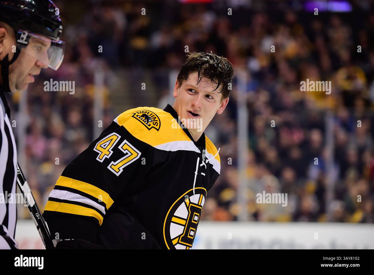 Samstag, 22. Oktober 2016: Torey Krug (47), Verteidiger der Boston Bruins, wird während des Spiels der National Hockey League zwischen den Montreal Canadiens und den Boston Bruins im TD Garden in Boston, Massachusetts, vom Eis geführt. Montreal besiegt Boston 4-2 in der regulatorischen Zeit. Eric Canha/CSM(Kreditbild: &Copy; Eric Canha/CSM via ZUMA Wire) Stockfoto