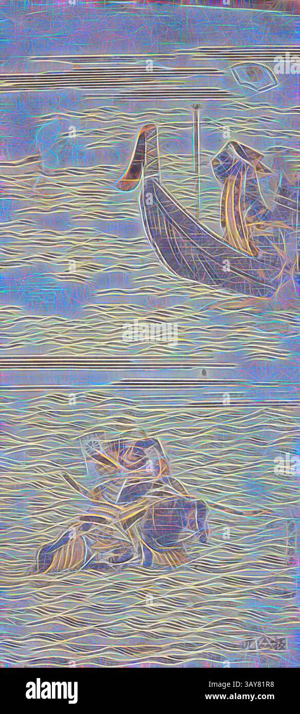 Eine ruhige Wasserszene mit einem anmutigen Boot, das durch sanfte Wellen gleitet, begleitet von einem Paar Enten, die in der Nähe schwimmen. Die Komposition zeigt ein traumhaftes Zusammenspiel von Linien und Farben, das eine atmosphärische und ruhige Atmosphäre schafft., Untitled. Nasu no Yoichi Shoots the Fan, Kitao Masanobu (Japanisch, 1761–1816), Urokogata-ya Magobei, Verlag (Japanisch), Edo, ca. 1770-1790, Tinte auf Papier, 12-3/16 x 5-1/2 Zoll, Schild: Kitao Shigemasa GA Verlag: Urokogata-ya Magobei (KarukindÅ), Asiatische Kunst, Klassische Kunst mit einem modernen Twist, neu interpretiert von Artotop Stockfoto