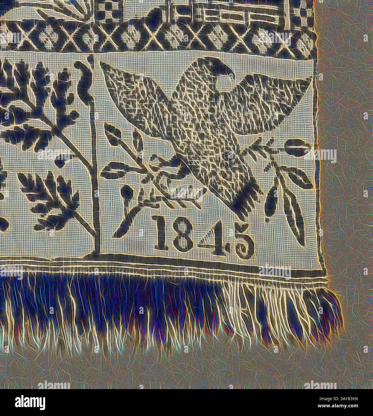 Ein texturiertes Textil mit komplizierten Designs, darunter ein stilisierter Vogel und botanische Motive, zusammen mit dem Jahr „1845“. Die Handwerkskunst spiegelt eine reiche Geschichte und künstlerische Tradition wider., Bettbezug (Jacquard-Overlet), Samuel Graham (Amerikaner, geb. Brite, 1805-1871), 1845, Baumwolle und Wolle, 83 x 75 cm (Ohne Rand) 85 x 75 mm (Mit Fransen), gewebte, untere Eckblöcke (einer auf der Rückseite): 1845, Textil- und Modekunst, klassische Kunst mit einem modernen Touch, neu interpretiert von Artotop Stockfoto