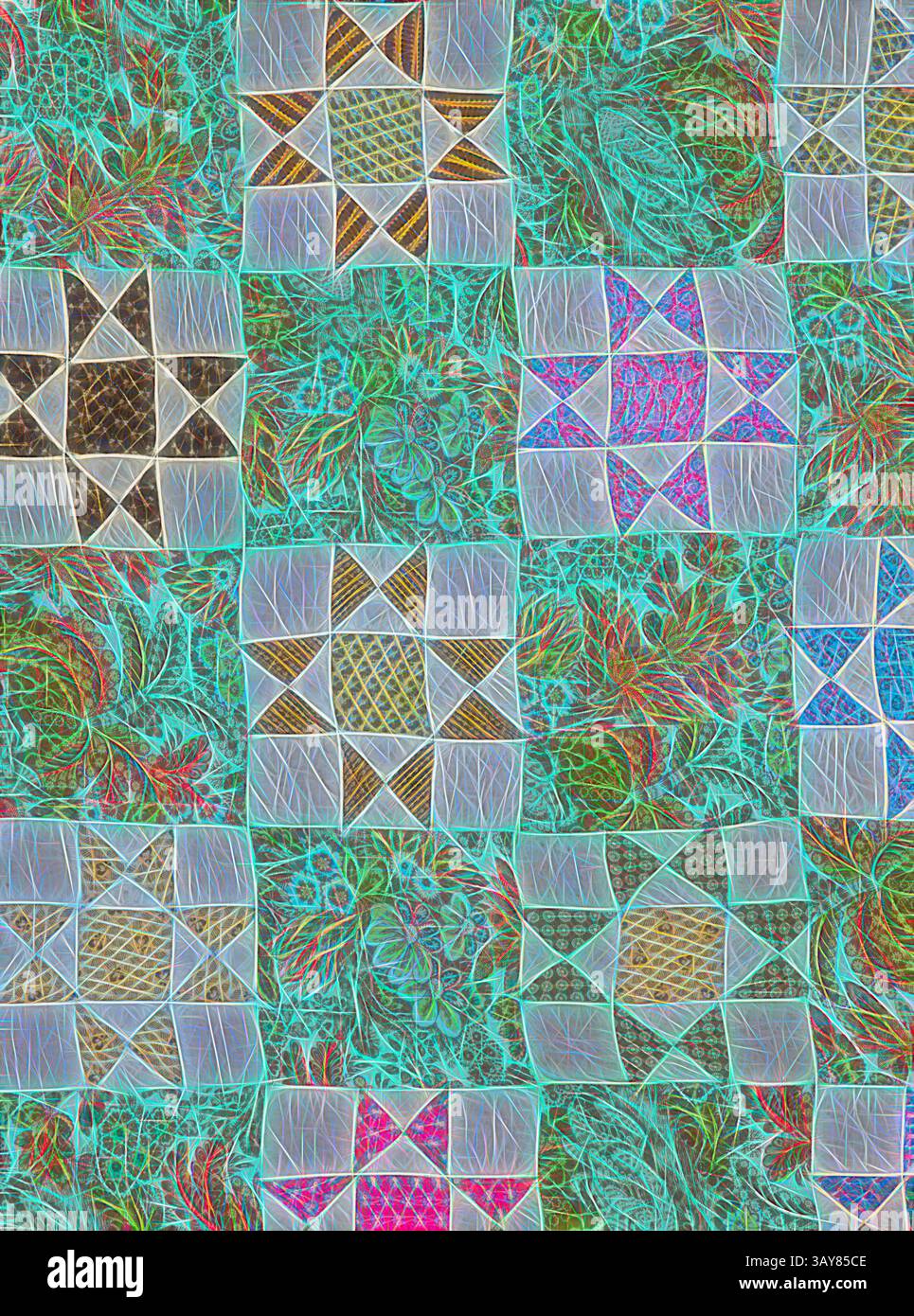 Ein lebhaftes Steppmuster mit komplexen Sternmotiven, durchsetzt von üppigen Blumenmustern, die einen lebendigen Farbteppich und Formen schaffen., Steppdecke (Variable Star), Catherine Backinstos (amerikanisch, ca. 1760-Anfang 1800), 1775-1783, Baumwolle, gesteckt und gesteppt, 96 x 96 cm, Textil- und Modekunst, klassische Kunst mit einem modernen Touch, neu interpretiert von Artotop Stockfoto