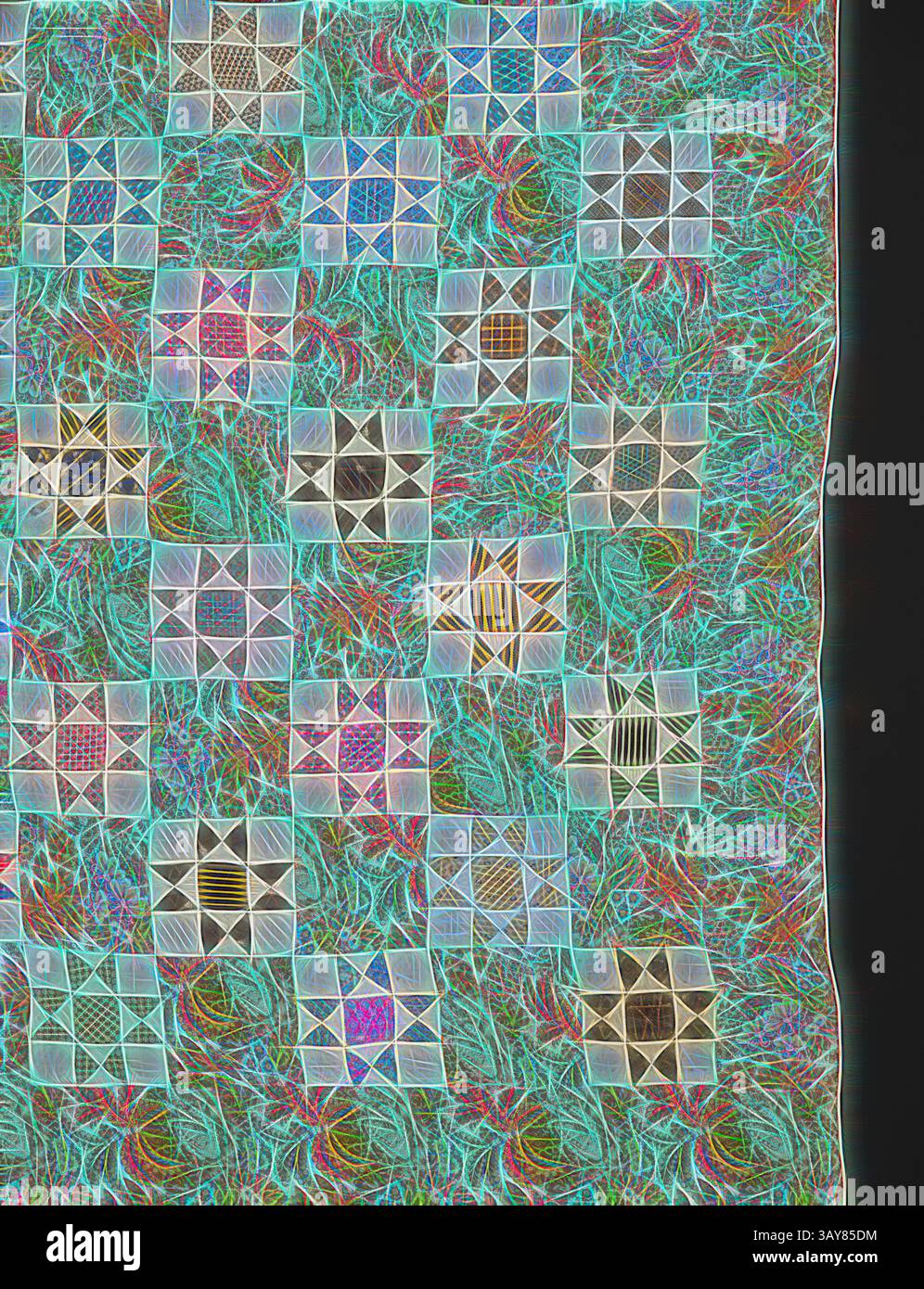 Ein lebendiges und kompliziertes Arrangement von bunten Sternmustern umgeben von wirbelnden, abstrakten Designs, die eine visuell fesselnde Komposition schaffen., Quilt (Variable Star), Catherine Backinstos (amerikanisch, ca. 1760-Anfang 1800s), 1775-1783, Baumwolle, gesteckt und gesteppt, 96 x 96 cm, Textil- und Modekunst, klassische Kunst mit einem modernen Touch, neu interpretiert von Artotop Stockfoto