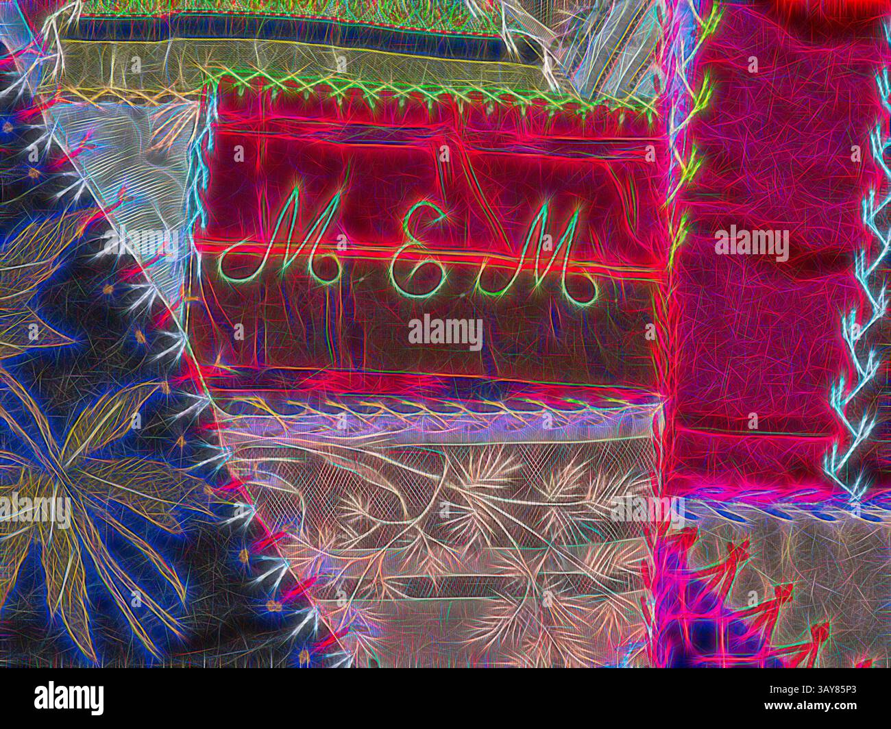 Eine lebendige Komposition mit bunten Mustern und Texturen, mit stilisierten Buchstaben und abstrakten Formen, die ein visuell auffälliges und dynamisches Design schaffen., verrücktes Stepptop, Unknown, ca. 1890, Seide und Samt, zusammengesetzt, gestickt und bemalt, 69-1/2 x 70-1/4 Zoll, genäht, Vorderseite, zweite Spalte von links, zweite Quadrat nach unten: M.E.M., Vorderseite, dritte Spalte von links, zweites Quadrat nach unten: L.E.D., Vorderseite, dritte Spalte von links, dritte Spalte nach unten, auf dem Kopf nach unten: A.B.H., Vorderseite, vierte Spalte von links Stockfoto