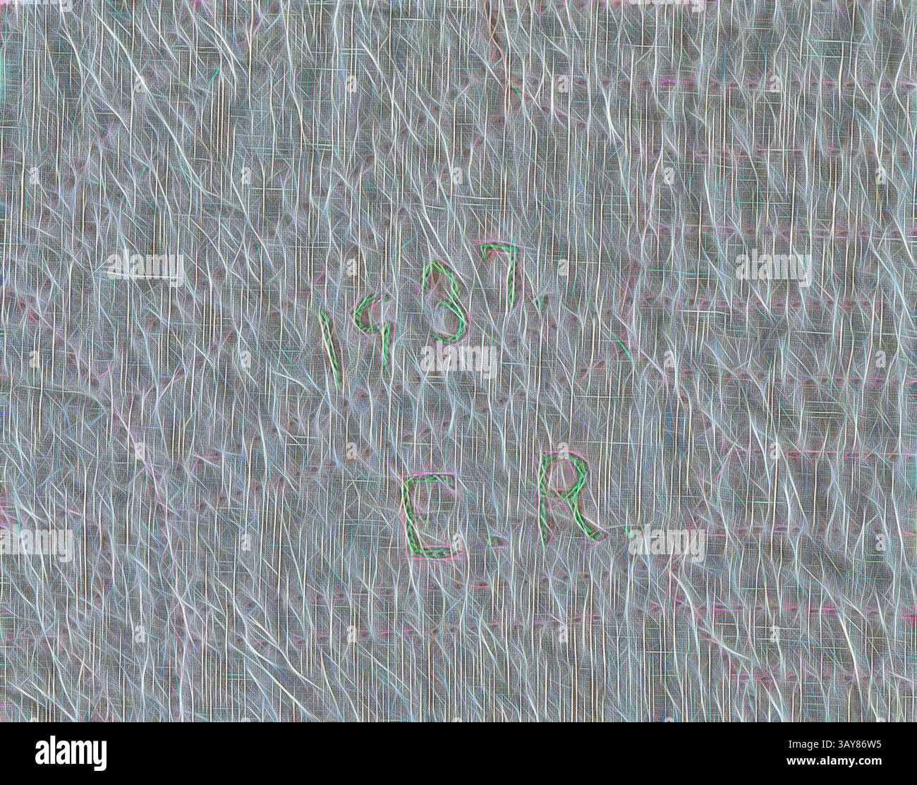 Ein strukturierter Hintergrund mit wirbelnden Linien und Mustern, mit den handgeschriebenen Zahlen „1937“ und den Buchstaben „E-R“ in kontrastierender Farbe., Quilt (Dresden Plate), Mary Emma Priest Renbarger (Amerikanisch, 1867-1954), 1937, Baumwolle, zusammengesetzt und gesteppt, 89 x 70 cm, Kettennähte, Rückseite, nahe der oberen Ecke: 1937., E. R., Textil- und Modekunst, Klassische Kunst mit modernem Touch, neu interpretiert von Artotop Stockfoto