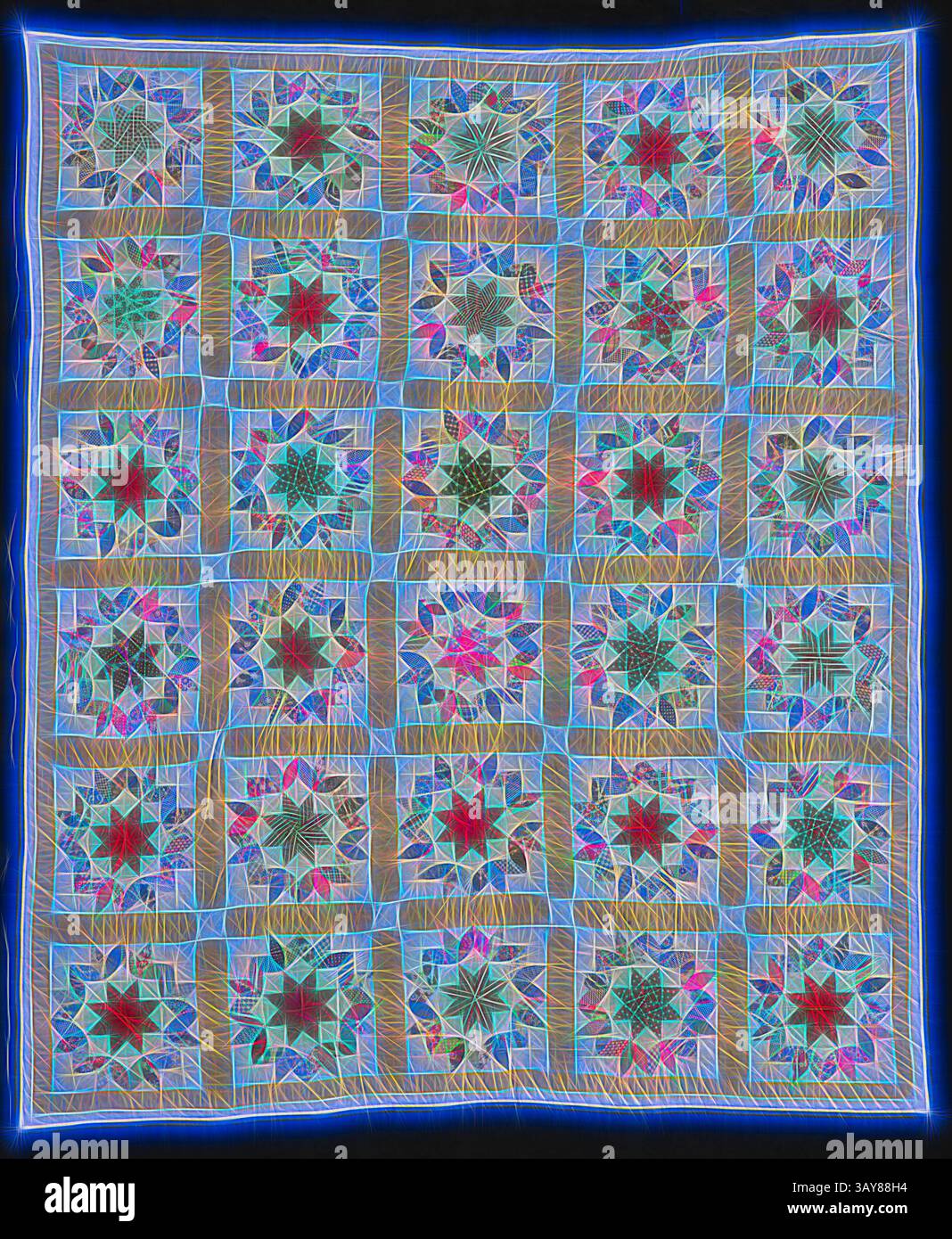 Ein lebendiger Quilt mit einem komplizierten Design aus bunten Sternen und Blumenmustern, jedes Quadrat mit zarten Nähten verwoben und von einer auffälligen blauen Umrandung eingefasst., Steppdecke (Double Star), Emily Jane Johnson Ledbetter (amerikanisch, 1861-1957), ca. 1955, Baumwolle, zusammengesetzt und gesteppt, 87 x 73 cm, Textil- und Modekunst, klassische Kunst mit modernem Touch, neu interpretiert von Artotop Stockfoto