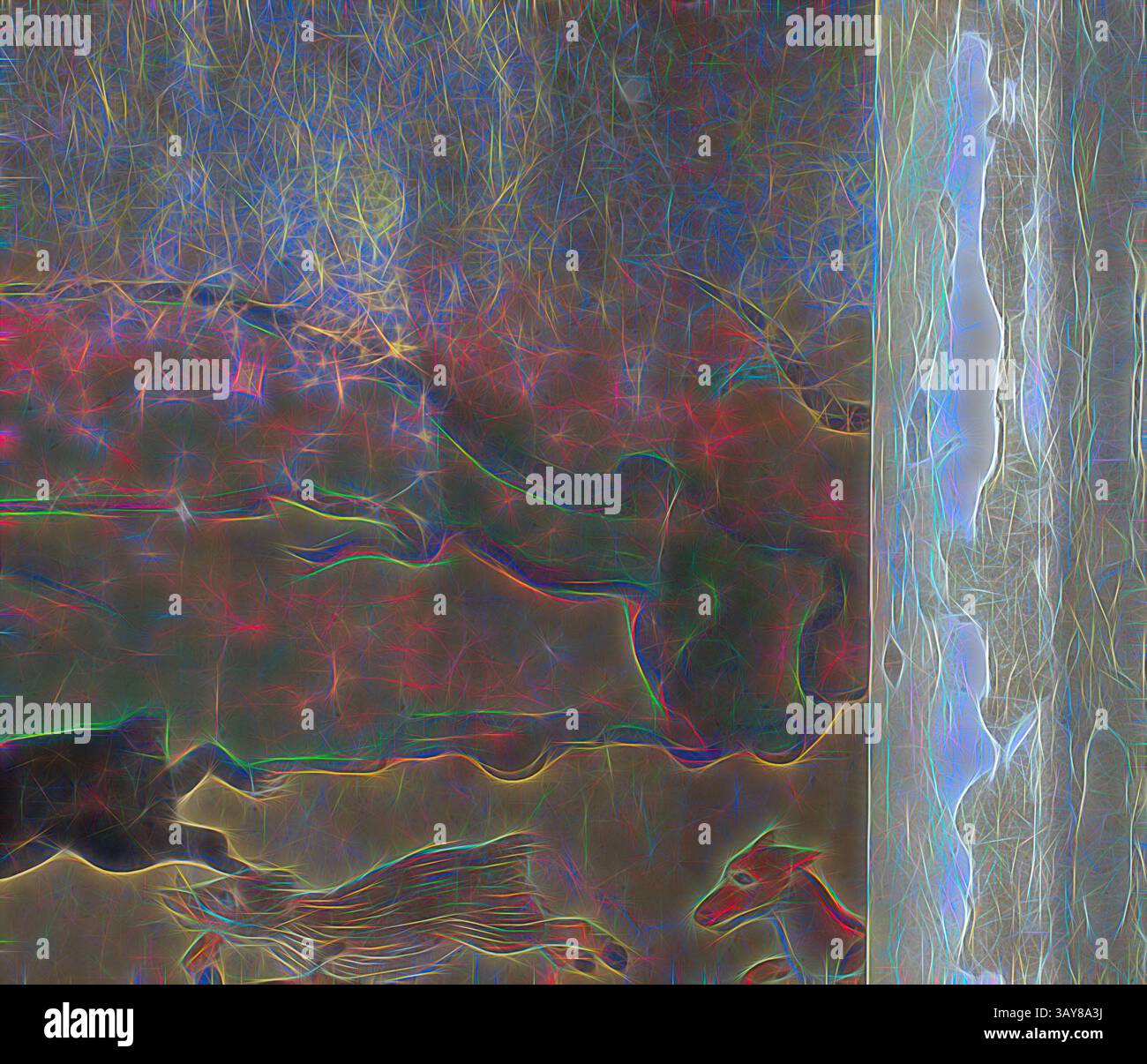 Eine lebendige, abstrakte Szene mit ätherischen Formen und dynamischen Linien, die auf Bewegung und Energie hindeuten, mit undeutlichen Figuren, die ein Gefühl von Natur und Freiheit hervorrufen. Farb- und Lichtwirbel verflechten sich und schaffen eine Atmosphäre aus der anderen Welt. Affen jagen, Unbekannt, Tinte, Farben, Papier, 12-3/4 x 311 Zoll, japanische, asiatische Kunst, Klassische Kunst mit einem modernen Touch, neu interpretiert von Artotop Stockfoto