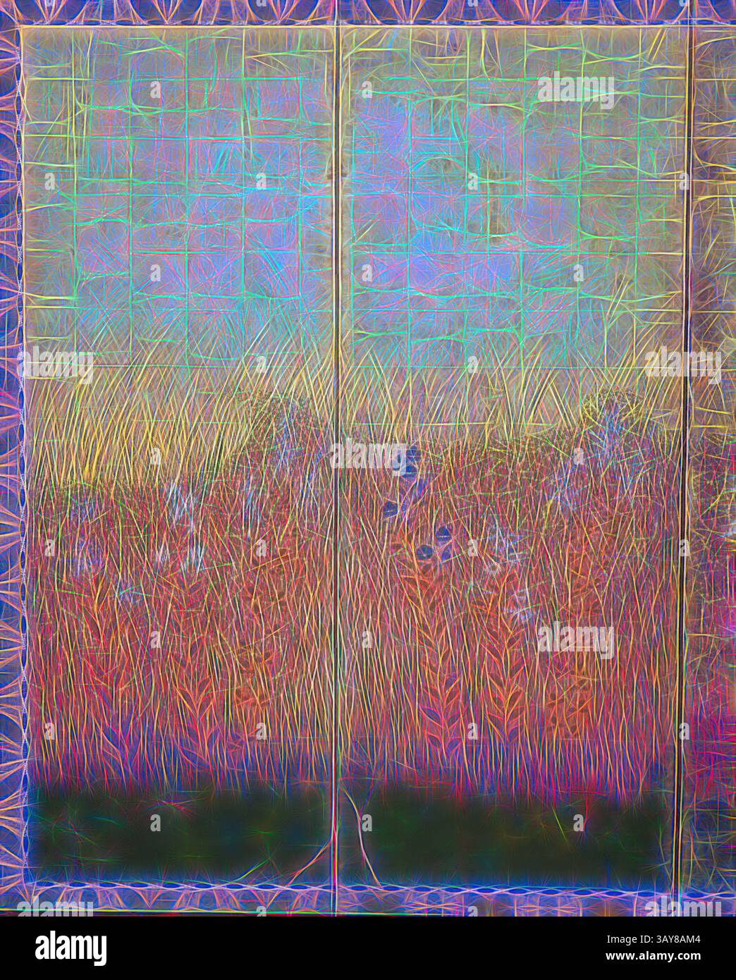 Eine lebendige abstrakte Komposition mit einer Mischung aus farbenfrohen, strukturierten Mustern, die einem Feld mit hohem Gras ähneln und von warmen Tönen unten zu kühleren Tönen oben übergehen. Das Stück weckt ein Gefühl von Bewegung und Fließfähigkeit und lädt den Betrachter ein, seine Feinheiten zu erkunden., Mond in Musashi Plain, Unknown, Edo, Anfang der 1600er Jahre, Farbe und Gold auf Papier, 66-3/4 x 24-1/2 Zoll. (Jedes Panel), japanische, asiatische Kunst, klassische Kunst mit einem modernen Touch, neu interpretiert von Artotop Stockfoto