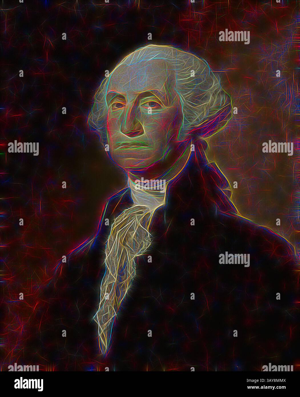 Ein stilisiertes Porträt einer historischen Figur, die für seine Führung bei der Gründung einer Nation bekannt ist, mit markanter Kleidung aus dem 18. Jahrhundert und einem kontemplativen Ausdruck. Das Kunstwerk hebt seine markanten Merkmale und seine Frisur hervor und vermittelt ein Gefühl von würde und Entschlossenheit. Kopie von George Washington (das Athenaeum Portrait) von Gilbert Stuart, Ezra Ames (amerikanisch, 1768–1836), nach Gilbert Stuart (amerikanisch, 1755–1828), Datum unbekannt, Öl auf Leinwand, 29 x 24 cm. (Leinwand) 37-1/4 x 32 x 3-1/2 Zoll (Gerahmt), amerikanische Malerei und Skulptur bis 1945, Klassische Kunst mit einem modernen Twist neu interpretiert Stockfoto