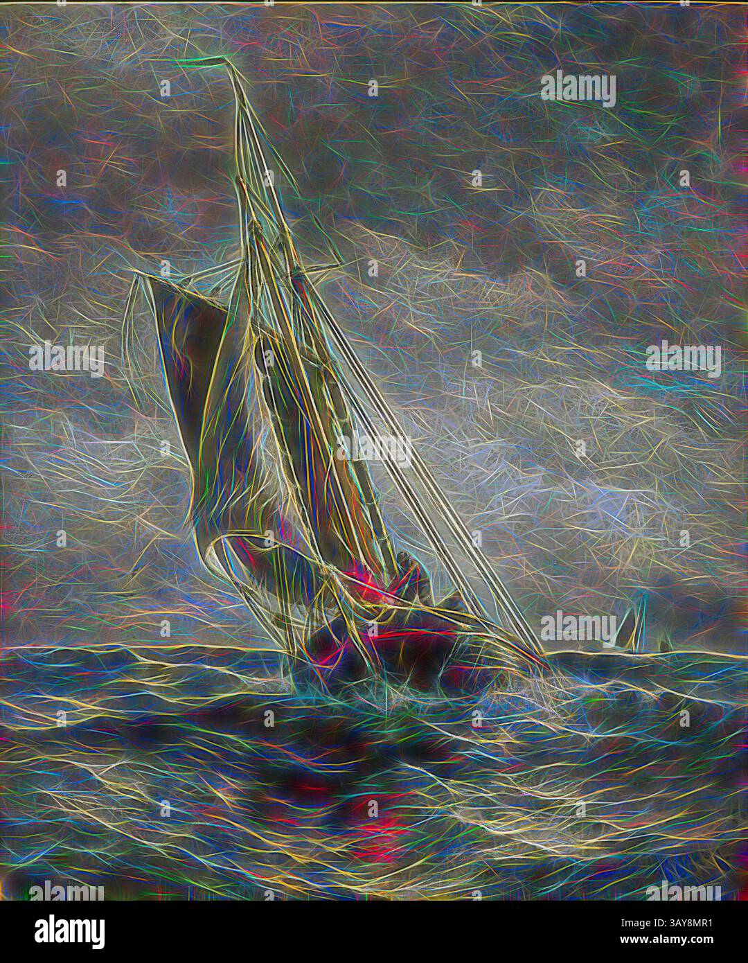 Ein lebhaftes Segelboot kämpft gegen turbulentes Wasser, seine Segel wehen dramatisch, während es durch ein stürmisches Meer navigiert, umgeben von wirbelnden Farben, die ein Gefühl von Bewegung und Intensität hervorrufen., läuft für einen Anchorage, Henry Chase (Amerikaner, 1853-1889), ca. 1882, Öl auf Leinwand, 30-1/4 x 25-1/4 Zoll (Leinwand) 43-3/4 x 38-3/4 x 5 Zoll (Gerahmt), signiert, unten rechts: H. Chase, American Painting and Sculpture to 1945, Klassische Kunst mit einem modernen Twist, neu interpretiert von Artotop Stockfoto