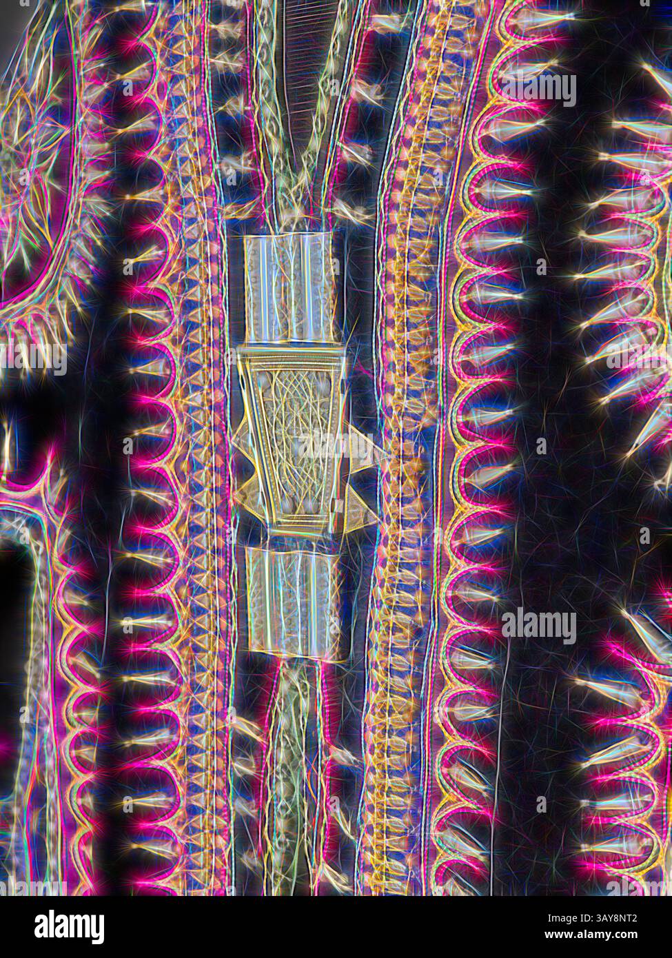 Eine lebendige Ausstellung komplizierter Textilmuster in kräftigen Farben und raffinierten Designs, die eine Mischung aus traditionellen Motiven und modernem künstlerischem Flair zeigen. Zeremonielle Tunika, Amharisch, Anfang der 1900er Jahre, Seidensamt, Metallverzierungen, 37 x 63 cm, Textil- und Modekunst, Klassische Kunst mit modernem Touch, neu interpretiert von Artotop Stockfoto