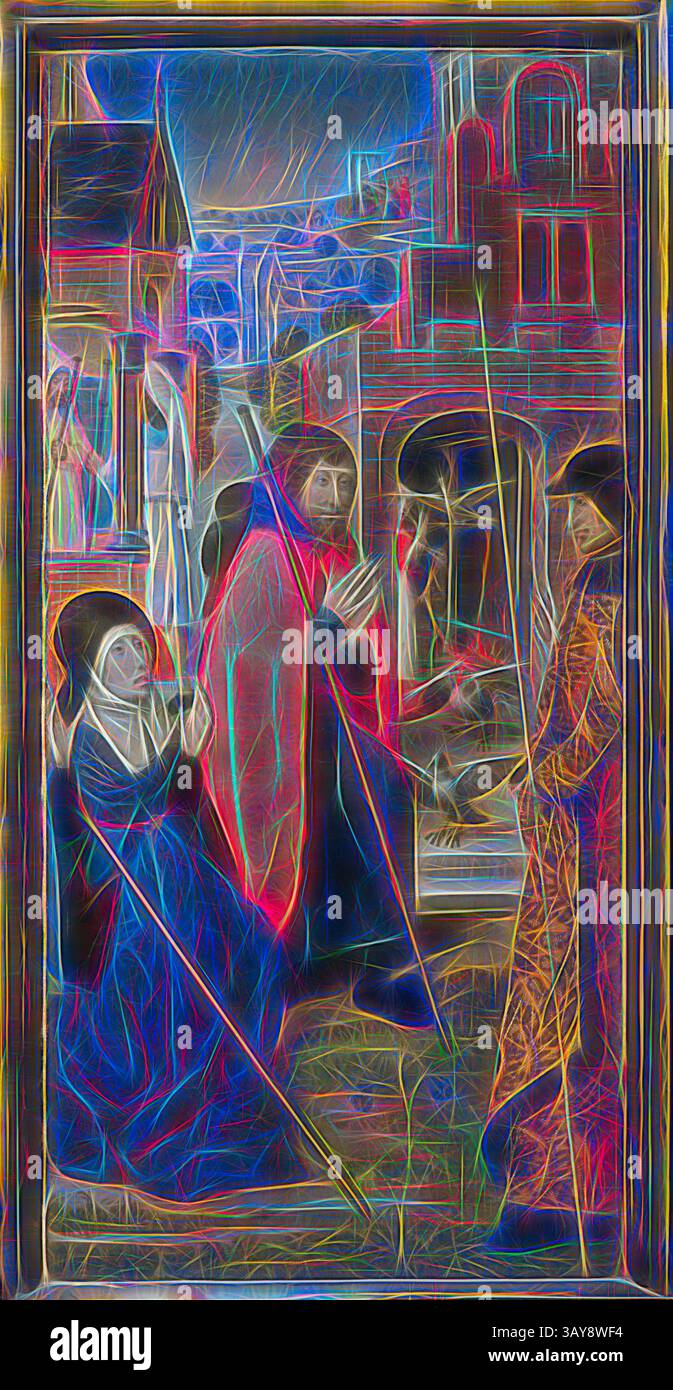 Eine lebendige Neuinterpretation einer religiösen Szene mit Figuren in kunstvollen Gewändern, die in einem Moment der Ehrfurcht und des Gebets verwickelt sind, umgeben von einer abstrakten Kulisse, die architektonische Elemente und eine ruhige Landschaft andeutet. Die Verwendung von kräftigen Farben und stilisierten Formen verleiht der Kulisse eine traumhafte Qualität. Die Wunder des heiligen Jakobus, Meister der Legende von St. Godelieve (Flämisch), ca. 1500, Öl auf Platte, 32 x 70 cm. (Geschlossen) 32 x 138 Zoll (Offen), europäische Malerei und Skulptur vor 1800, Klassische Kunst mit modernem Twist, neu gestaltet von Artotop Stockfoto