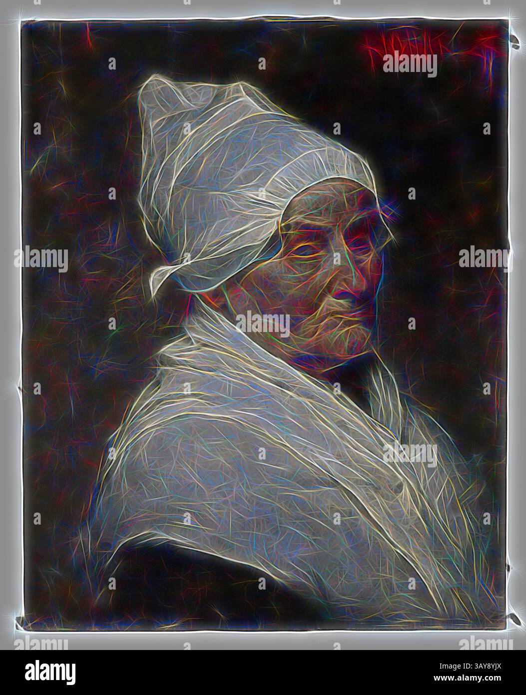 Eine kontemplative ältere Frau blickt in die Ferne, in einen Schal gewickelt und mit einer traditionellen Kopfbedeckung, wobei ihr Ausdruck ein Gefühl von Weisheit und Erfahrung offenbart. Die Kulisse fügt eine traumhafte Qualität hinzu und unterstreicht die Tiefe ihres Charakters., alte Bauernfrau, Samuel G Richards (Amerikaner, 1853-1893), ca. 1885, Öl auf Leinwand, 21-1/2 x 17-1/4 cm. (Leinwand) 26-3/4 x 22-1/4 x 3-1/4 Zoll (Gerahmt), signiert, u.r.: RICHARDS, American Painting and Sculpture to 1945, Klassische Kunst mit einem modernen Twist, neu interpretiert von Artotop Stockfoto