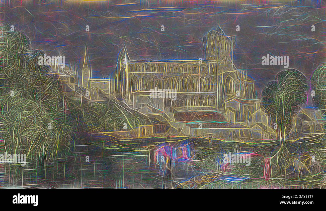 Eine dramatische Landschaft mit einem großen, historischen Gebäude mit hohen Türmen und komplexen architektonischen Details, umgeben von üppigen Bäumen und einem sich windenden Fluss. Die Szene ist von einer lebendigen, abstrakten Qualität durchdrungen, die die ätherische Atmosphäre der Umgebung unterstreicht. Jedburgh Abbey, Joseph Mallord William Turner (Englisch, 1775-1851), Robert Brandard, Engraver (Englisch, 1805-1862), 1833, Gravur auf Normalpapier mit handkolorierter Färbung, Serie, wie gebunden in Vol. II der poetischen Werke von Sir Walter Scott, Klassische Kunst mit einem modernen Twist, neu interpretiert von Artotop Stockfoto