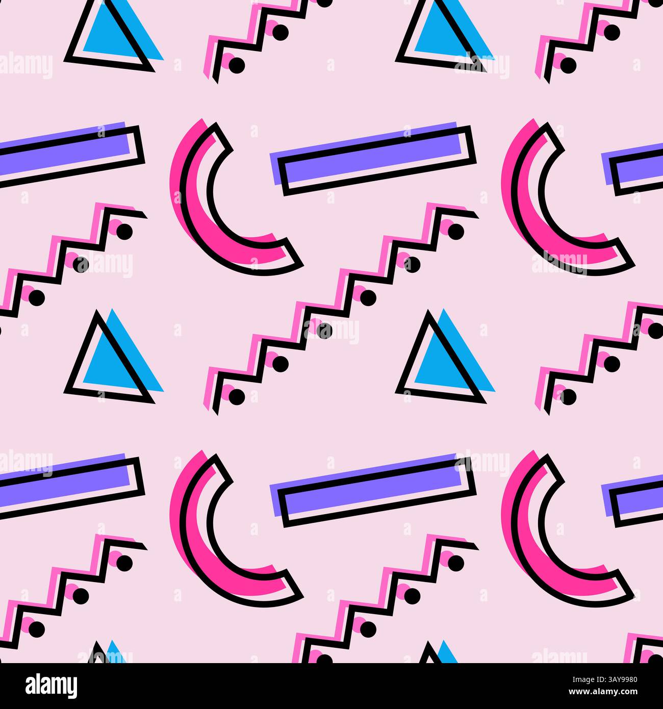 Abstraktes geometrisches nahtloses Muster mit leuchtenden rosa und blauen Formen, Zickzacklinien, Dreiecken und Rechtecken auf pastellrosa Hintergrund. Perfe Stock Vektor