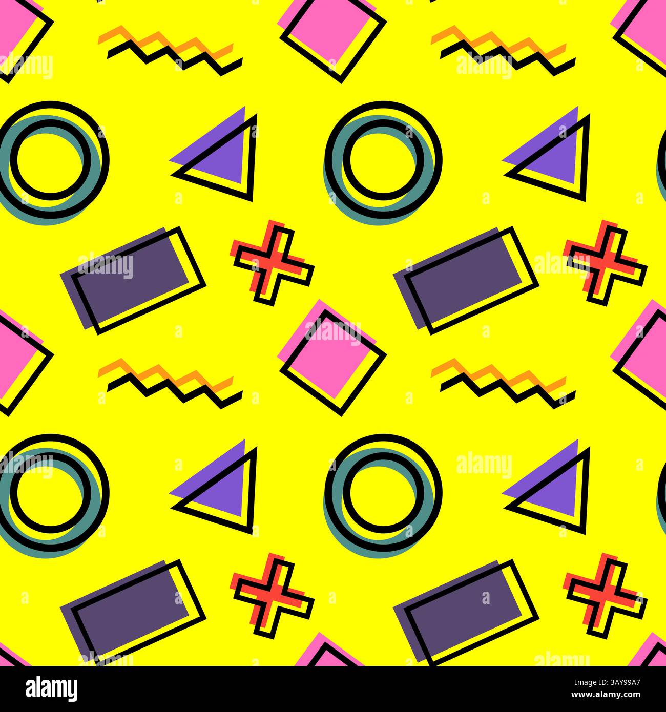 Abstraktes geometrisches nahtloses Muster mit Kreisen, Dreiecken, Rechtecken, Zickzack- und Kreuzen in kräftigen Retro-Farben auf gelbem Hintergrund. Perfekt für Stock Vektor